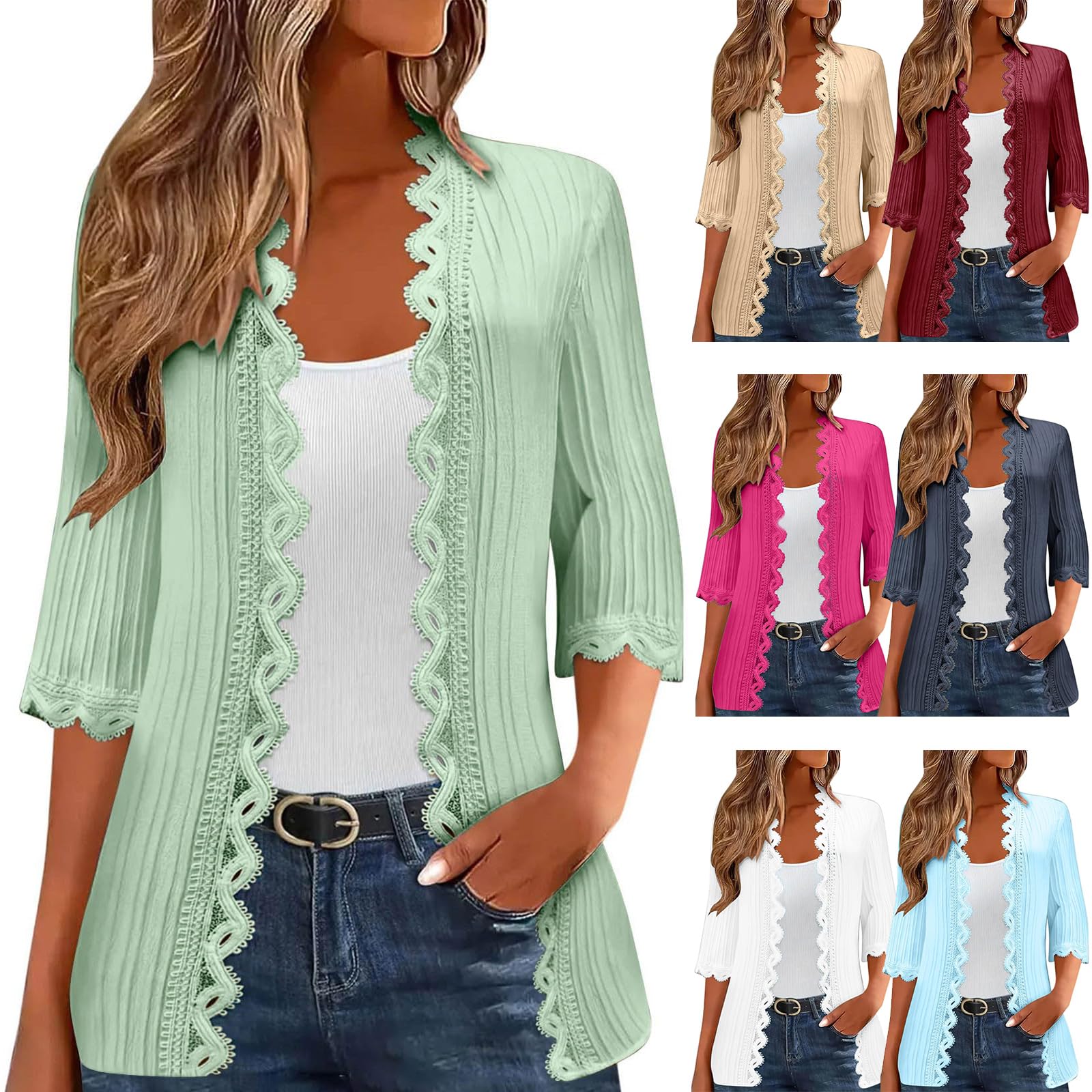 Cardigan Sweaters for Women 3 4 Length Sleeve Open Front Shrugs Crochet Collarless Lightweight Fall Cardigans