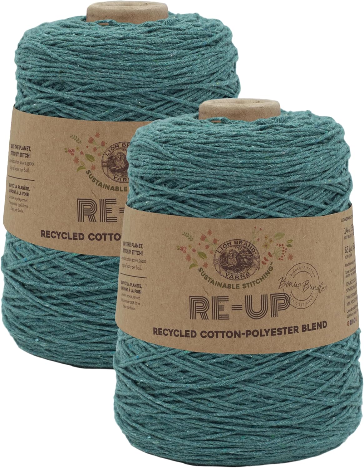Lion Brand Yarn Re-Up Bonus Bundle Cotton Blend Yarn for Knitting and Crochet, Sea Glass, 2 Pack