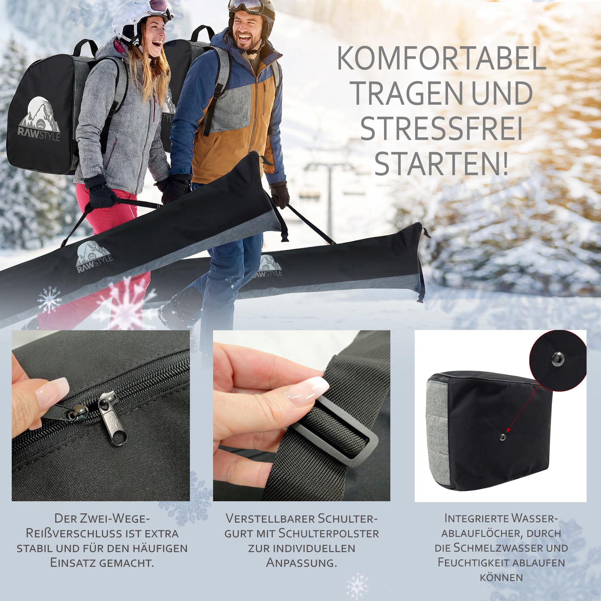 Skitaschen Set – Skitasche Rolltop 120–190 cm & Skischuhrucksack – wasserdichtes Cordura – Skiaufbewahrung für Ski, Skischuhe, Helm & Handschuhe – Ski Transporttasche KOMBIPAKET