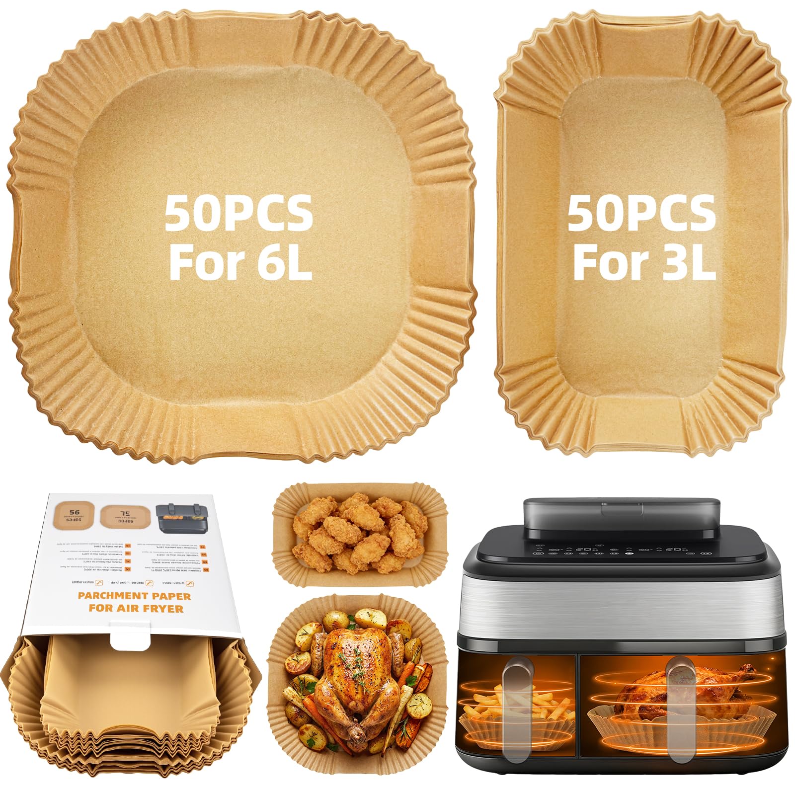 100 Piezas Papel Freidora Aire para Philips Doble Airfryer Serie 3000/5000 6L/3L, Papel para Freidora de Aire para Tefal EY9018, Cecotec 9000, Tower T17099, Cookwise 6L/3L, Lakeland 5L/3L