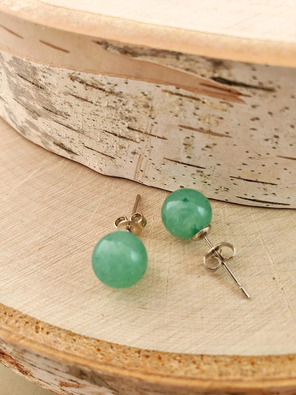 Gemstone Studs - Real Jade Jewelry for Women - Sage Light Green Stone Earrings - Hypoallergenic - Ball Earring Post 6mm, 8mm - Lapis Lazuli - Tiger Eye - Flat Back Large 12mm Earring - Handmade - Gifts for Anniversary - Graduation - Back to School - Teacher Appreciation - Mens Birthstone Birthday Gift - Image 3