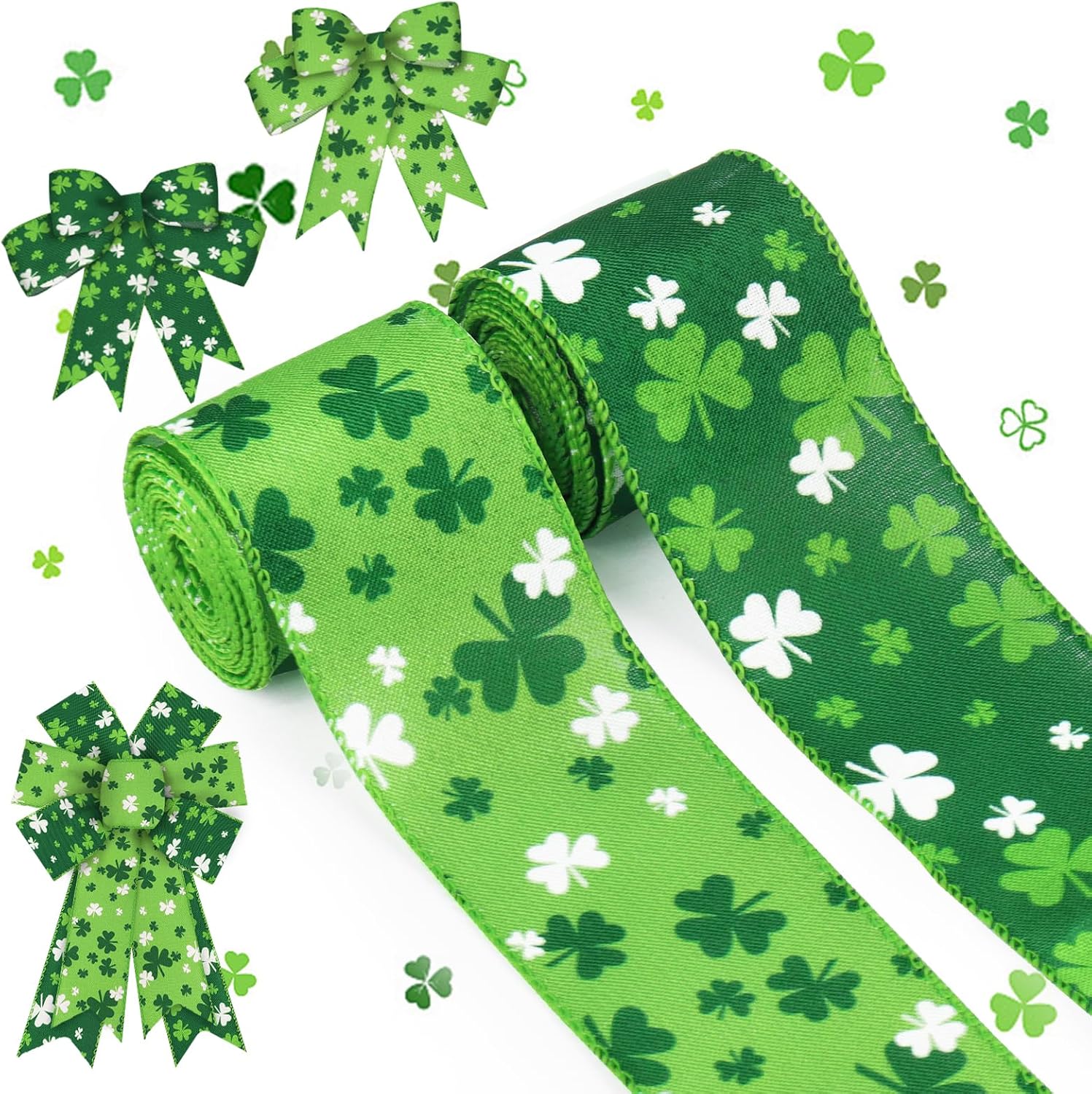 ALIBBON 2 Rolls 2.5" × 5 Yd St. Patrick's Day Ribbon Irish Shamrock Wired Ribbon Green Clover Ribbon for St. Patrick's Wreath DIY Crafting Bows Gifts Wrapping St. Patrick's Party Decoration