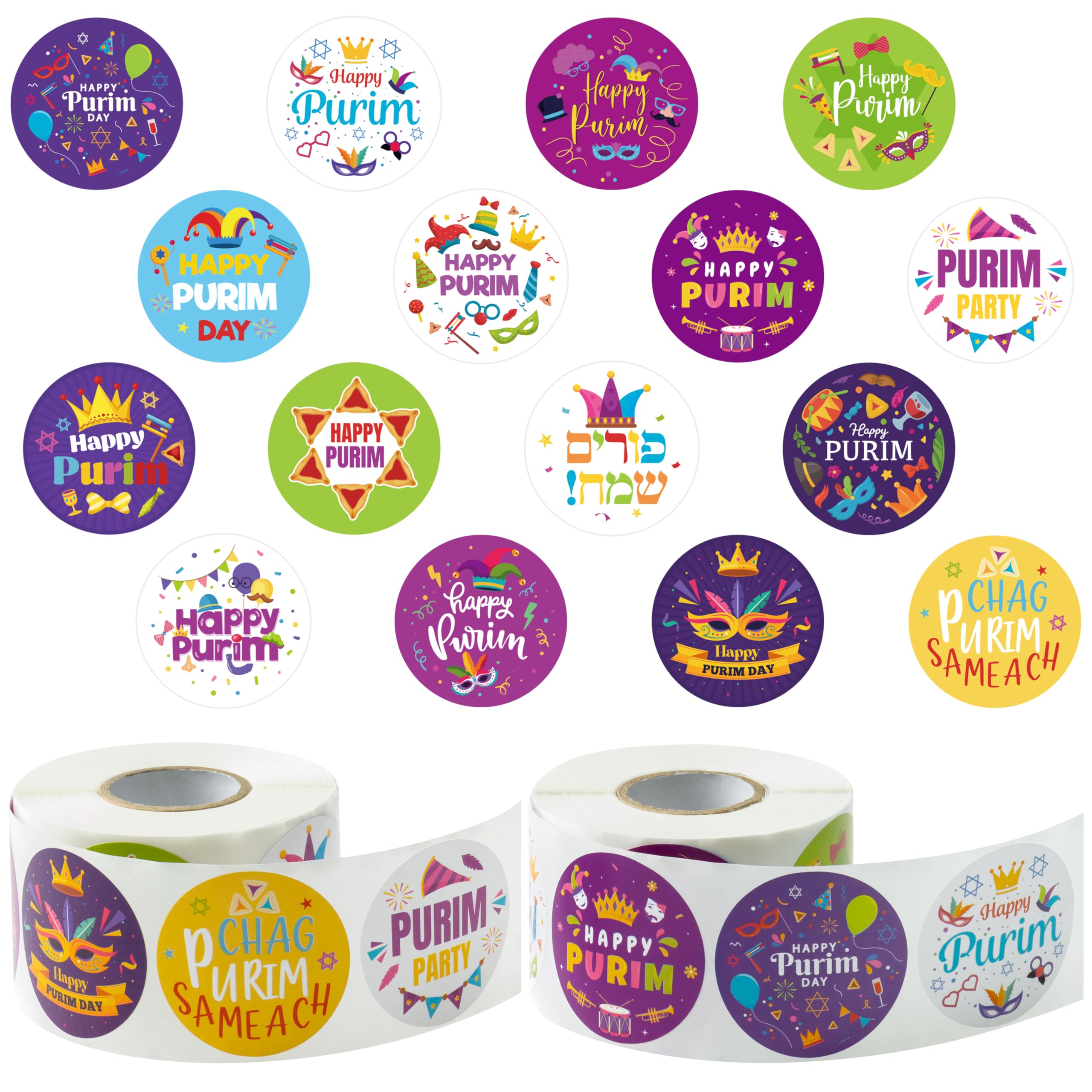 CNhoqc Happy Purim Self-Adhesive Sticker - 1000pcs Rolls(2 Rolls)16 Designs Round Purim Gift Wraping Decoration Sticker Chag Same Ach Giftwarp Bags Jewish Carnival sticky tag Party Supplies kid reward