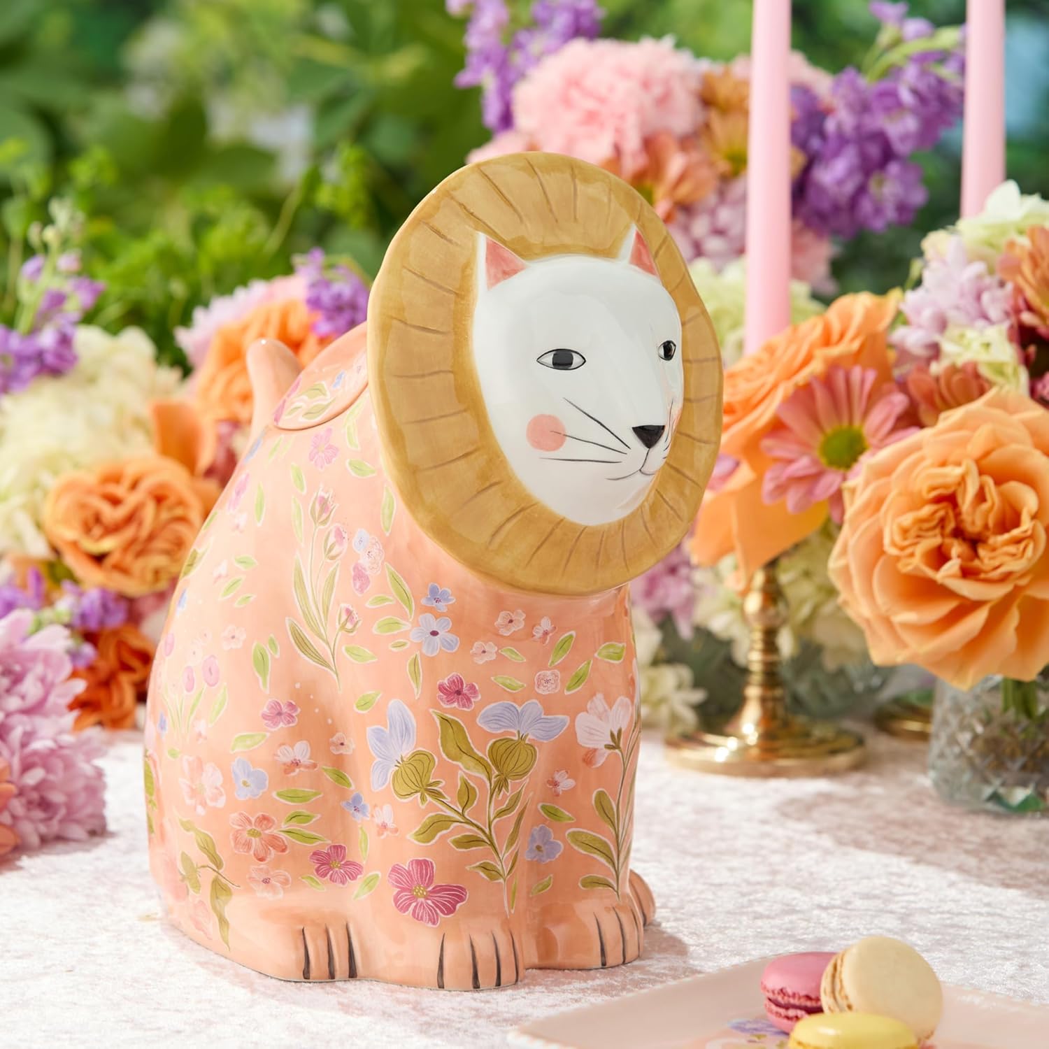 Menagerie Ceramic 3‑D Lion COOKIE JAR, sculpted pastel circus‑garden themed jar with floral accents and striped base, ideal for treats, snacks, storage, countertop décor