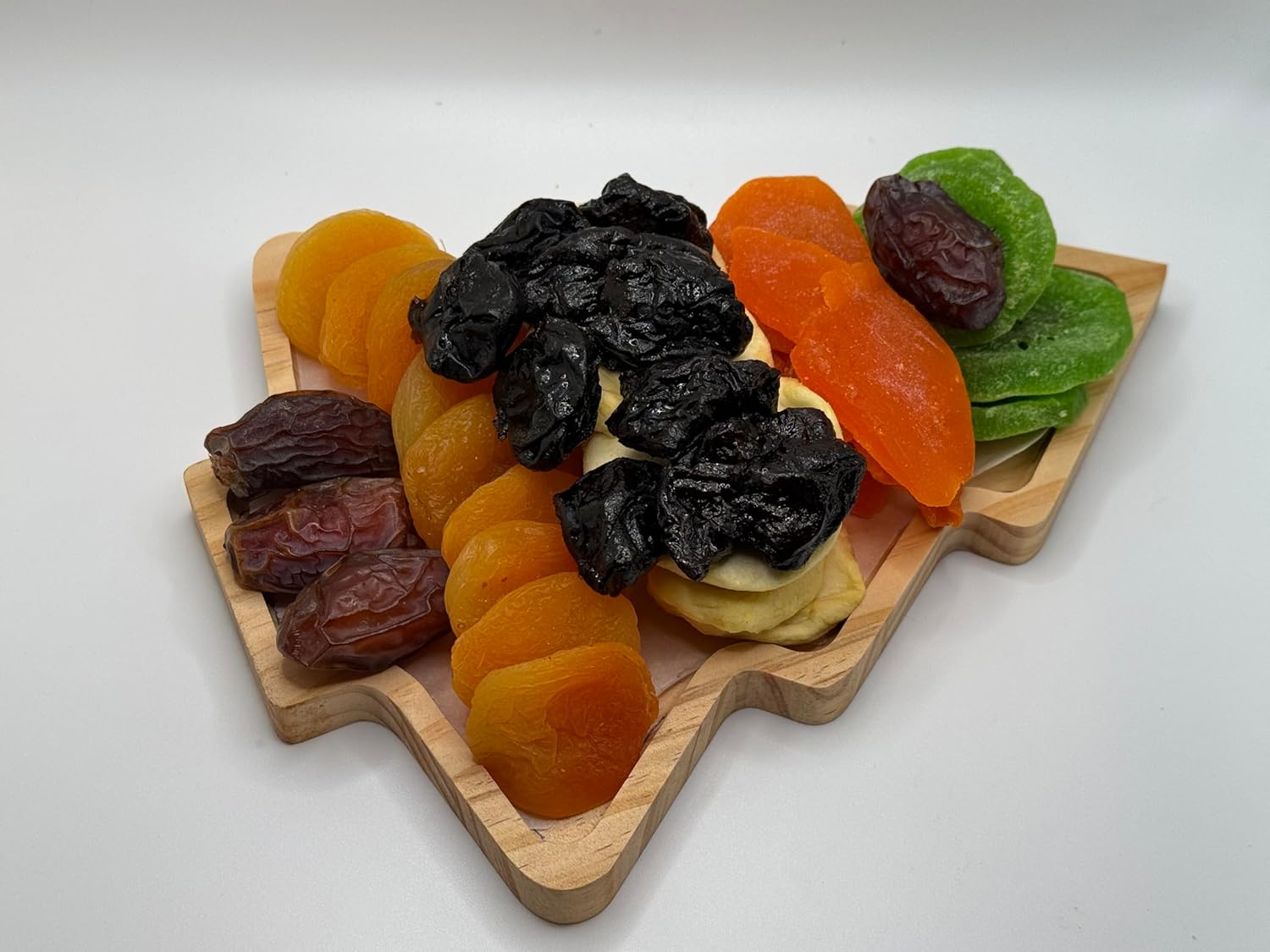 Dried Fruit Holiday Gift Basket, Pine Tree Shaped Wooden Tray, Prunes, Apricots, Dates, Apples, Mangoes, Kiwis