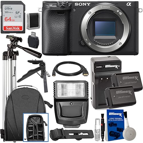 Sony Alpha a6400 Mirrorless Digital Camera (Body Only) with Deluxe Accessory Bundle: SanDisk 64GB Ultra SDXC, Lightweight 50” Tripod, 2X Extended Life Replacement Batteries & Much More