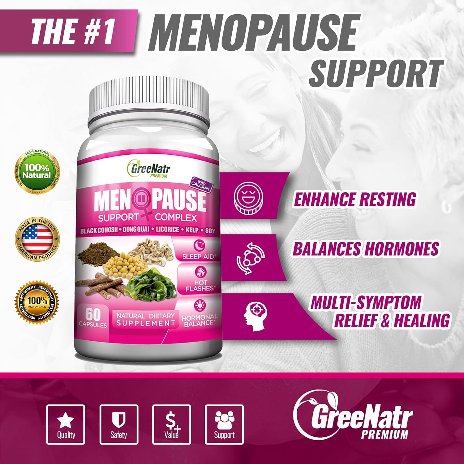 GreeNatr Herbal Menopause Support Complex for Hot Flashes, Night Sweats & Mood Swings Relief. Promotes Balanced Hormone Levels - Black Cohosh, Dong Quai, Licorice Root & Kelp Leaves (6 Bottles)