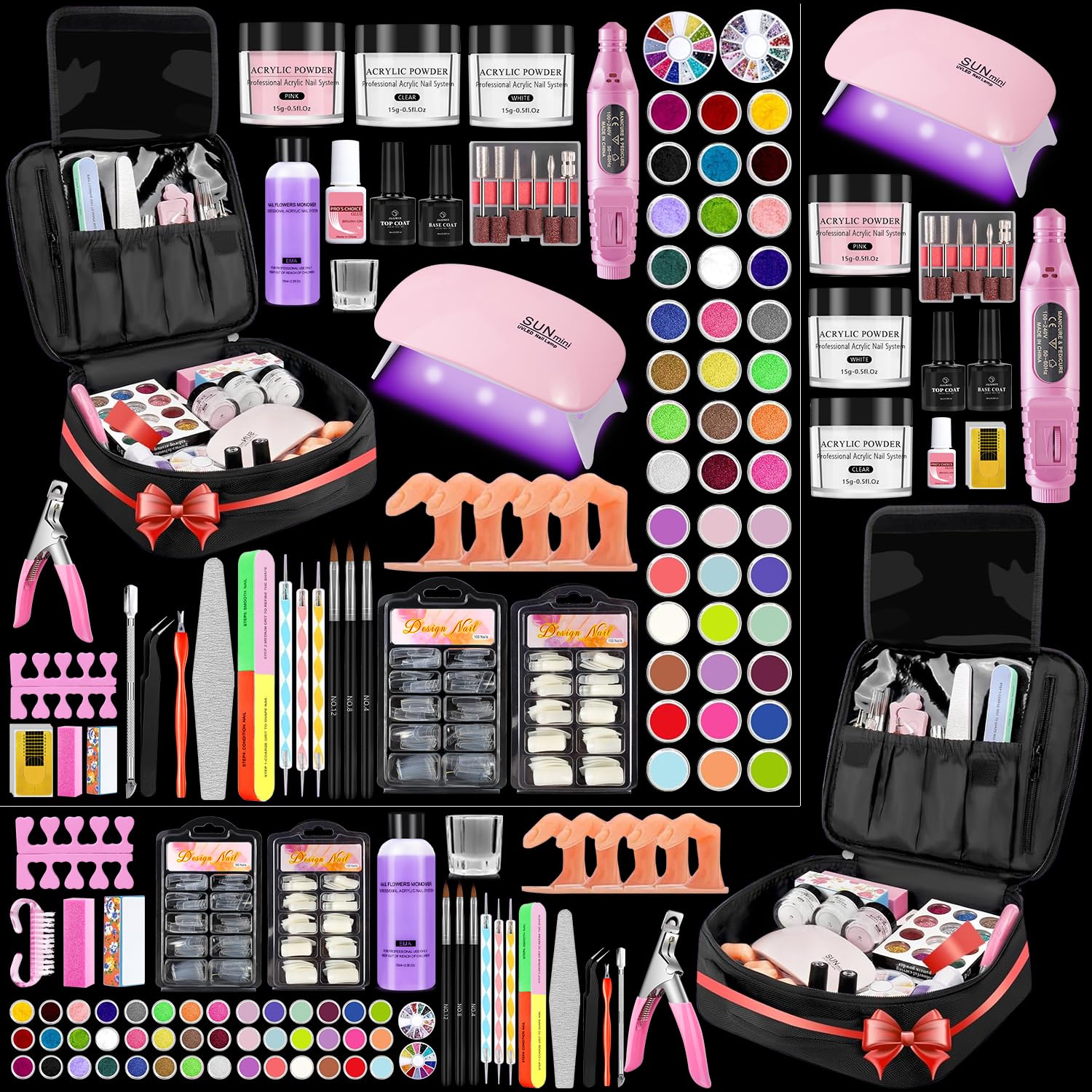 Kit de uñas acrílicas para principiantes con todo, 42 colores con purpurina de polvo acrílico monómero líquido kit de uñas acrílico profesional con todo, taladro de luz UV práctica bolsa de uñas