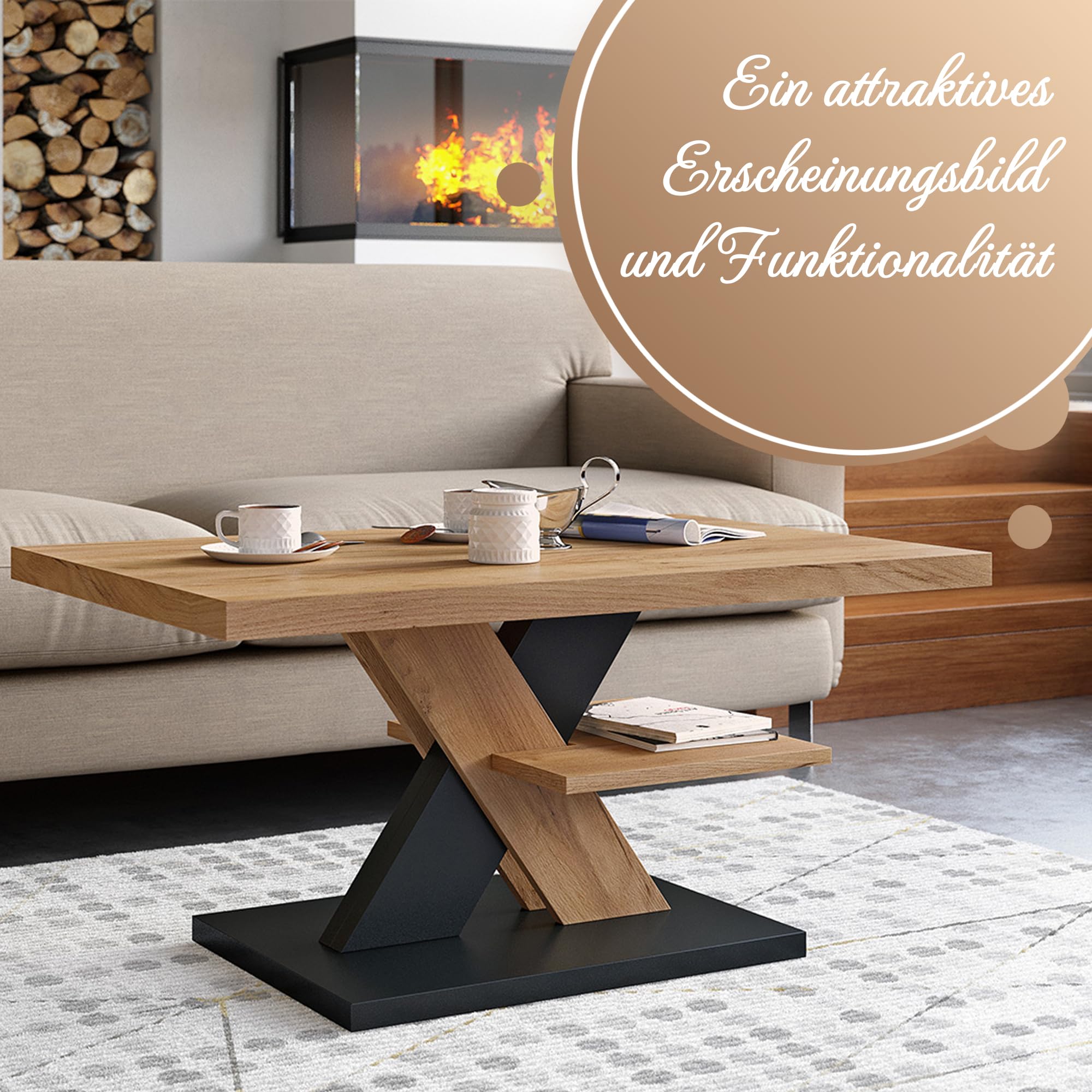 Viosimc Couchtisch, Moderner Wohnzimmertisch, Modern Möbel Wohnzimmer, Kaffeetisch, Sofatisch mit Großer Ablage, Beistelltisch für Tee und Kaffee – Coffee Table for Living Room - Eiche & Schwarz