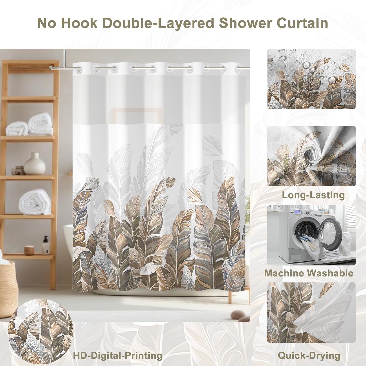 No Hook Shower Curtain,Brown Leaves Double-Layered Shower Curtain with Snap-in Liner and Weights,Brown Plants White Fabric Bath Curtain with See Through Mesh, 71x74in