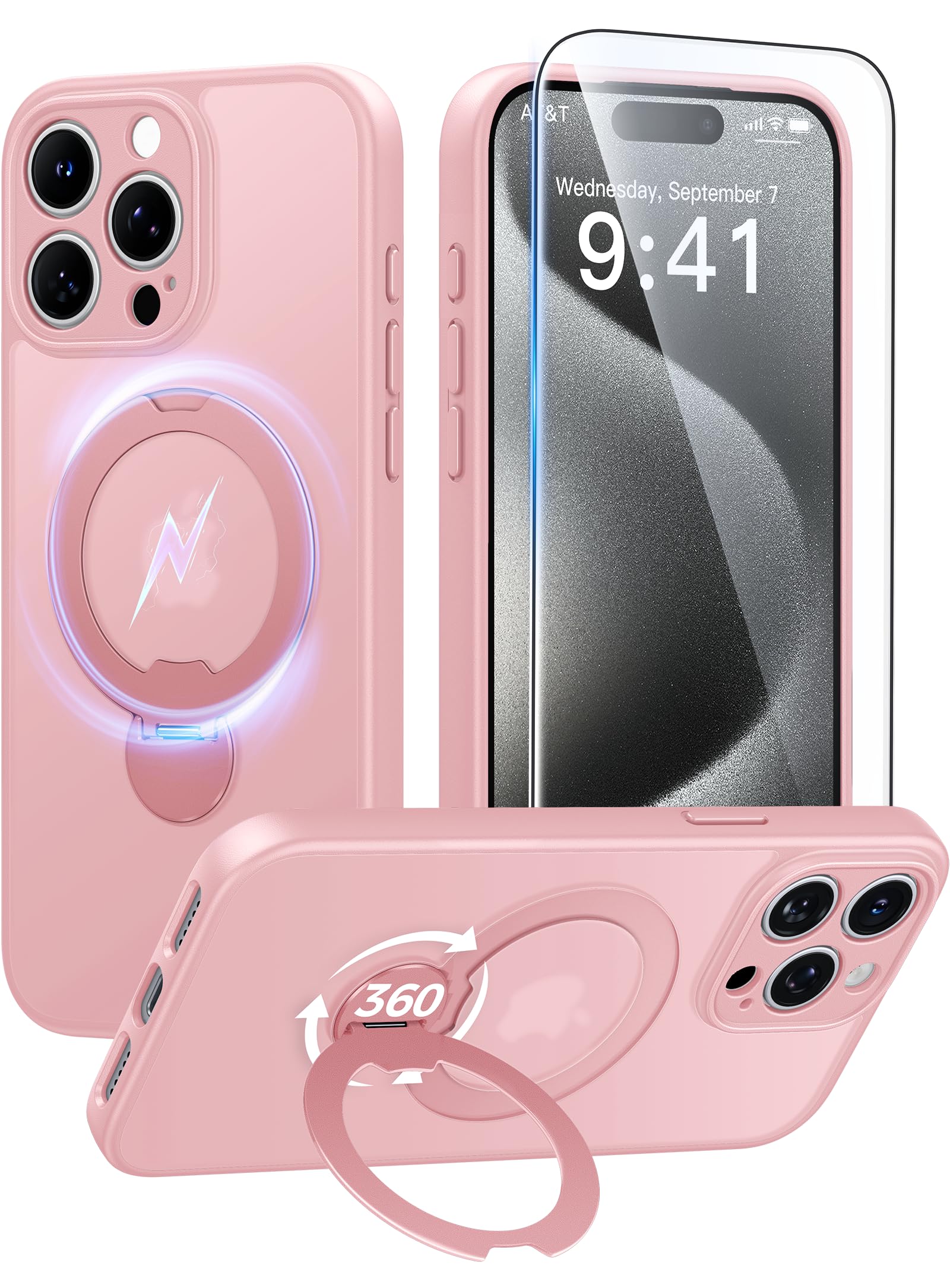 Photo 1 of FNTCASE for iPhone 15 Pro-Max Case: [360 Spin Magnetic Stand] [Compatible with Magsafe] [Screen Protector] Translucent Matte Military Grade Shockproof Full Camera Protective Phone Cover - Pink