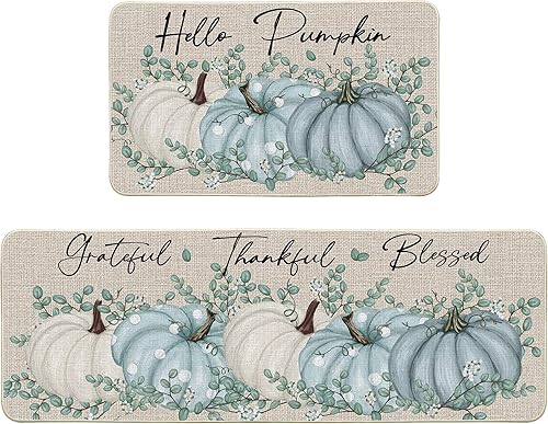 Artoid Mode Hello Pumpkin Juego de 2 tapetes de cocina de eucalipto otoñal, decoración del hogar de Acción de Gracias, alfombras de cocina de bajo