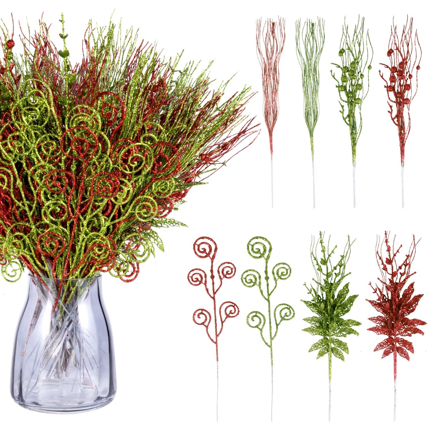 JETEHO 48 Pack Glitter Christmas Tree Picks 17'' Red Green Artificial Christmas Picks for Tree Curly Christmas Tree Filler Decorations DIY Crafts Holiday Home Decor