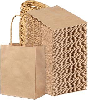 PINWATT 120 Pack Mini Kraft Paper Gift Bags with Handles - 4.7x2.4x6.5 Inch Small Brown Bags for Parties, Weddings, Birthdays, Baby Showers