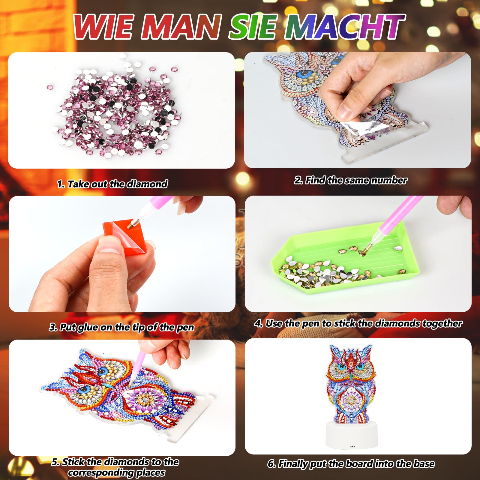 Diamond Painting Lampe Eule – DIY Nachtlicht Mit 7 Farben, USB/Batterie, Bastelset Für Kinder