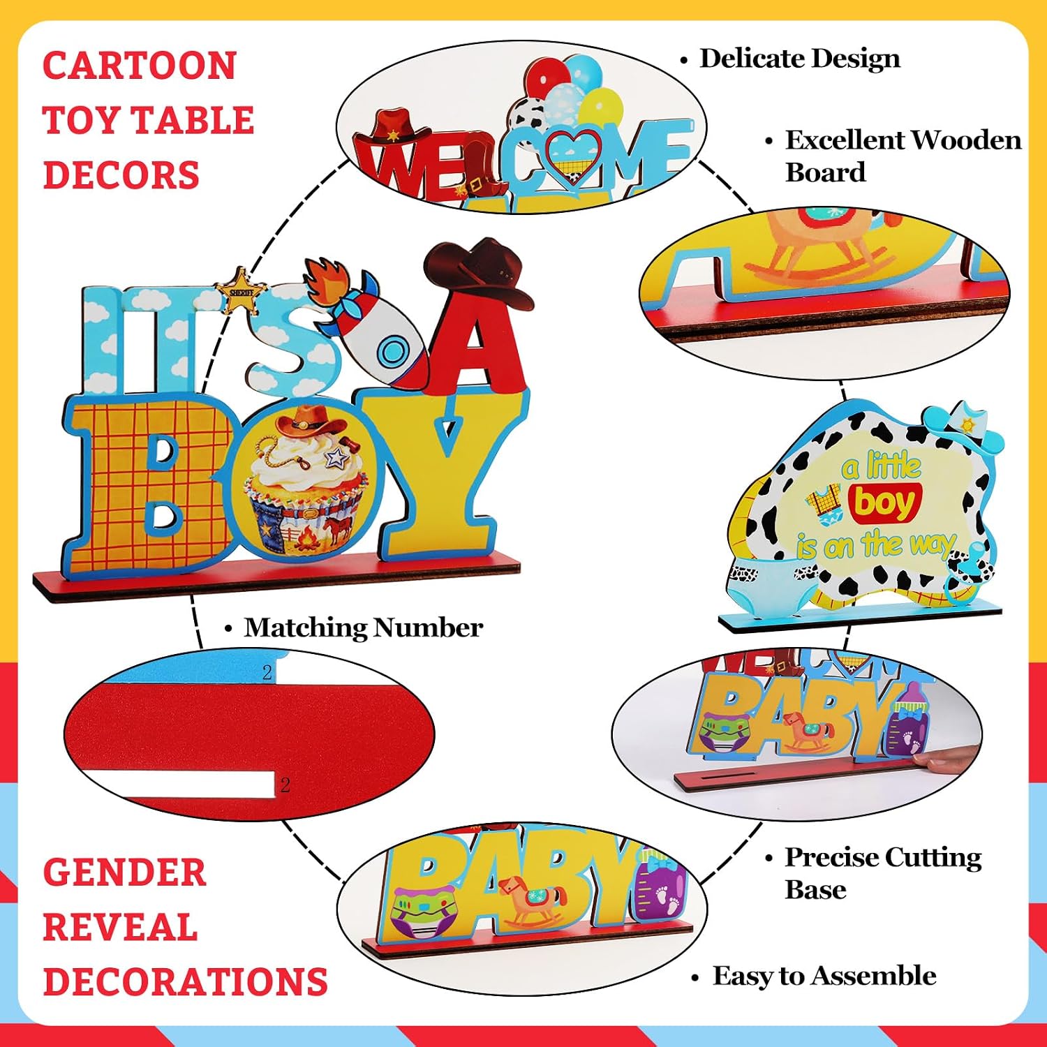 6pcs Cartoon Toy Wooden Table Centerpieces for Boys Baby Shower Party Decorations It's A Boy Story Table Centerpieces Blue Sky Clouds Cowboy Table Topper Sign Decors for Welcome Baby Gender Reveal