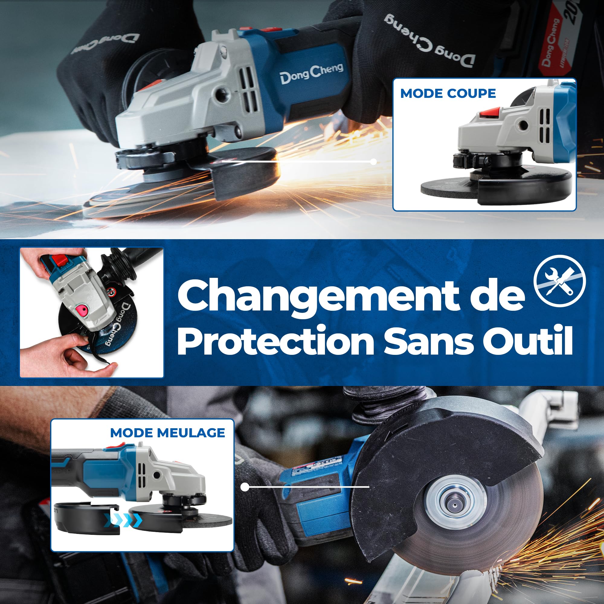 DongCheng Meuleuse d'angle sans fil 20V, Moteur sans balais, Disqueuse sans fil 125 mm, poignée anti-vibrations, 2 disques abrasifs, 2 disques à lamelles, 2 disques à tronçonner, batterie 4,0 Ah