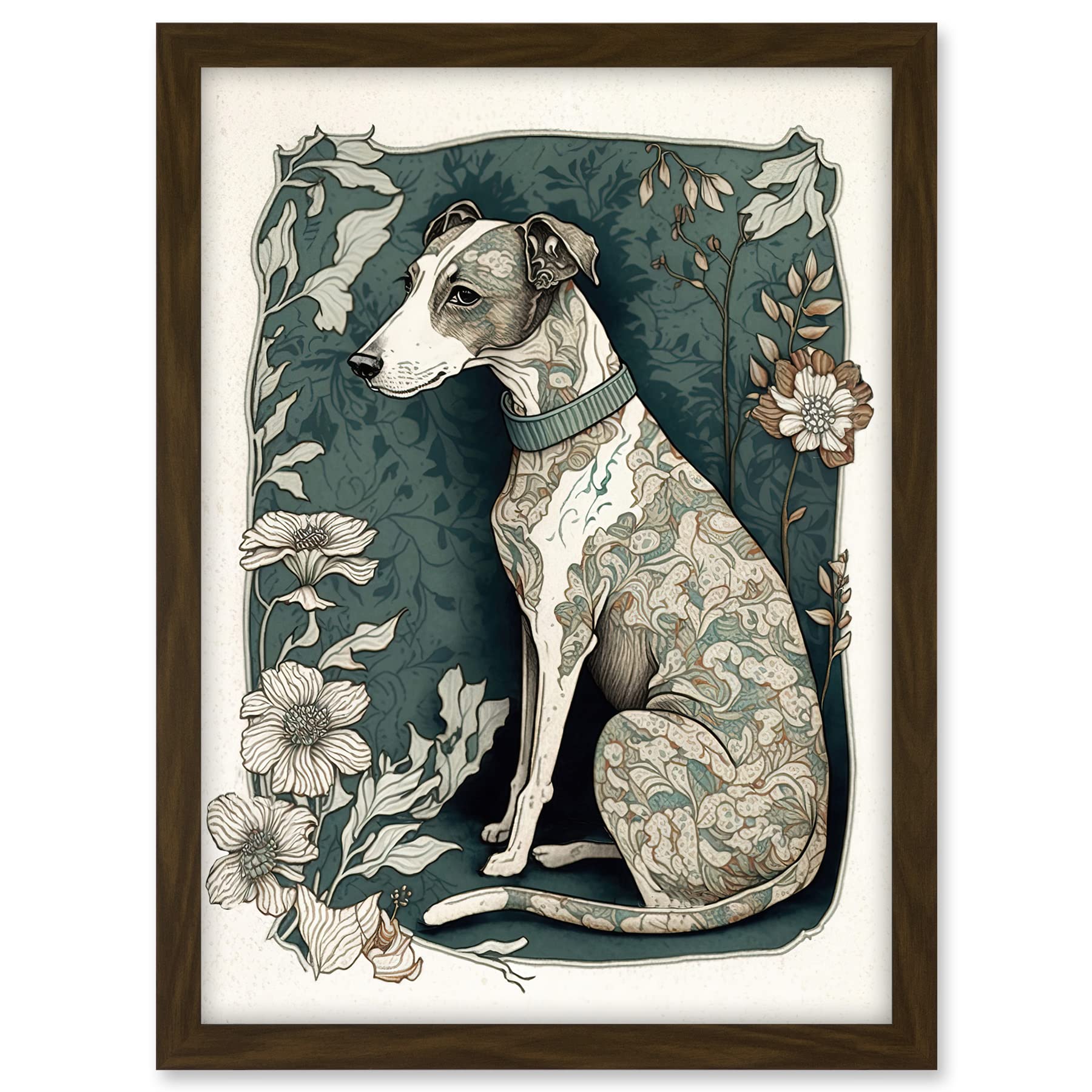 Artery8 Whippet Dog with Floral Pattern Fur Coat Art Nouveau Inspired Watercolour Illustration Artwork Framed A3 Wall Art Print