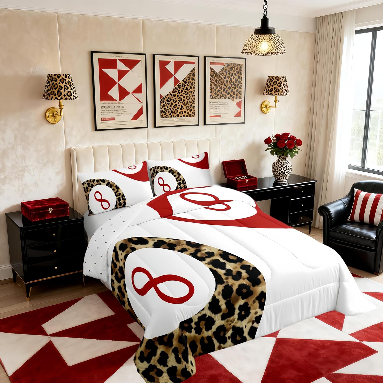 Manfei Lucky 8 Ball Girls Bedding Set Twin Size, Leopard Funky Y2K Coquette Comforter Set，Preppy Cheetah Trendy Quilt Comforter for Boys Teens,White Red Brown Room Decor All Season,1 Pillowcase