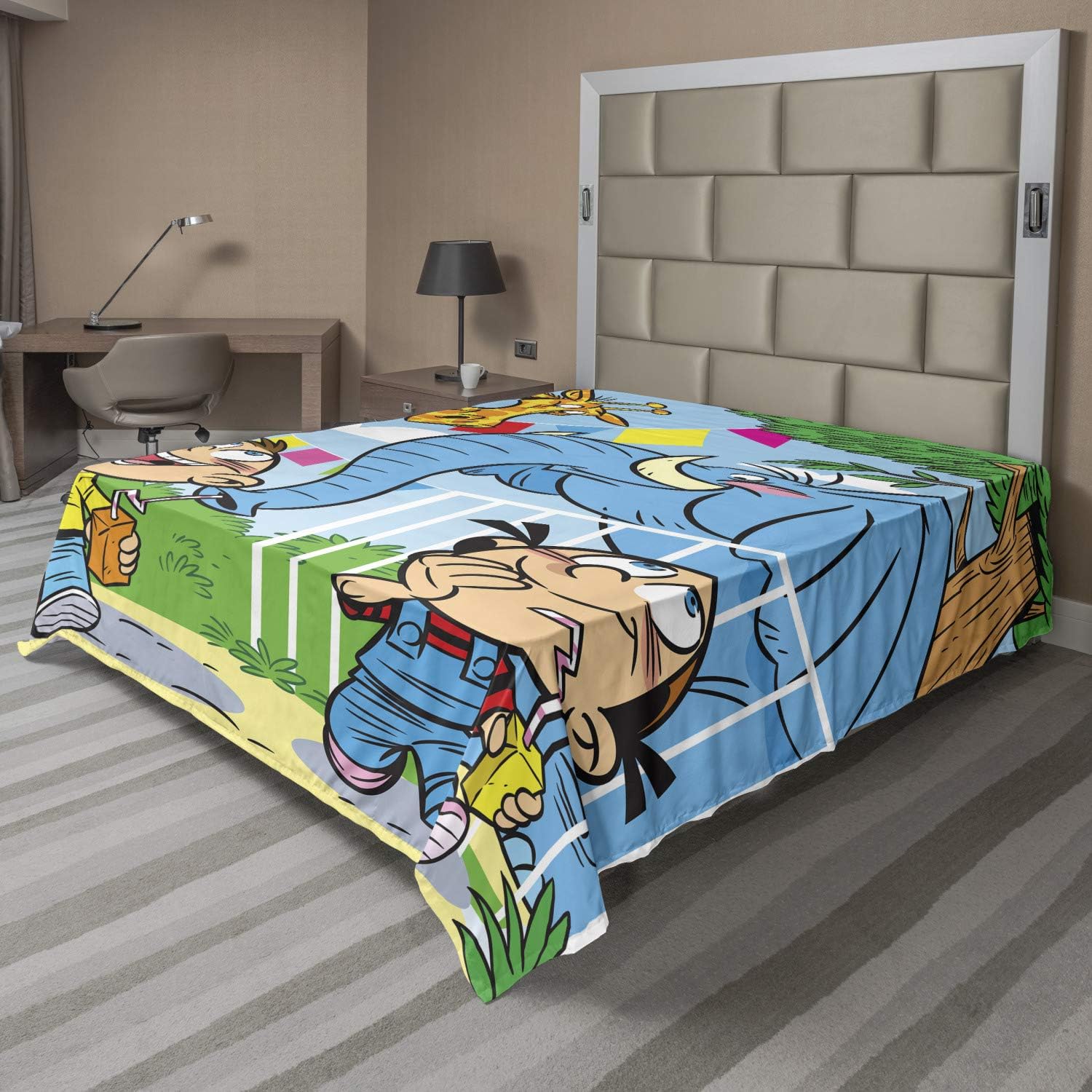 Ambesonne Cartoon Flat Sheet, with Mischievous Giraffe Pranks Juice Zoo Theme Brother and Sister, Soft Comfortable Top Sheet Decorative Bedding 1 Piece, Full Size, Multicolor