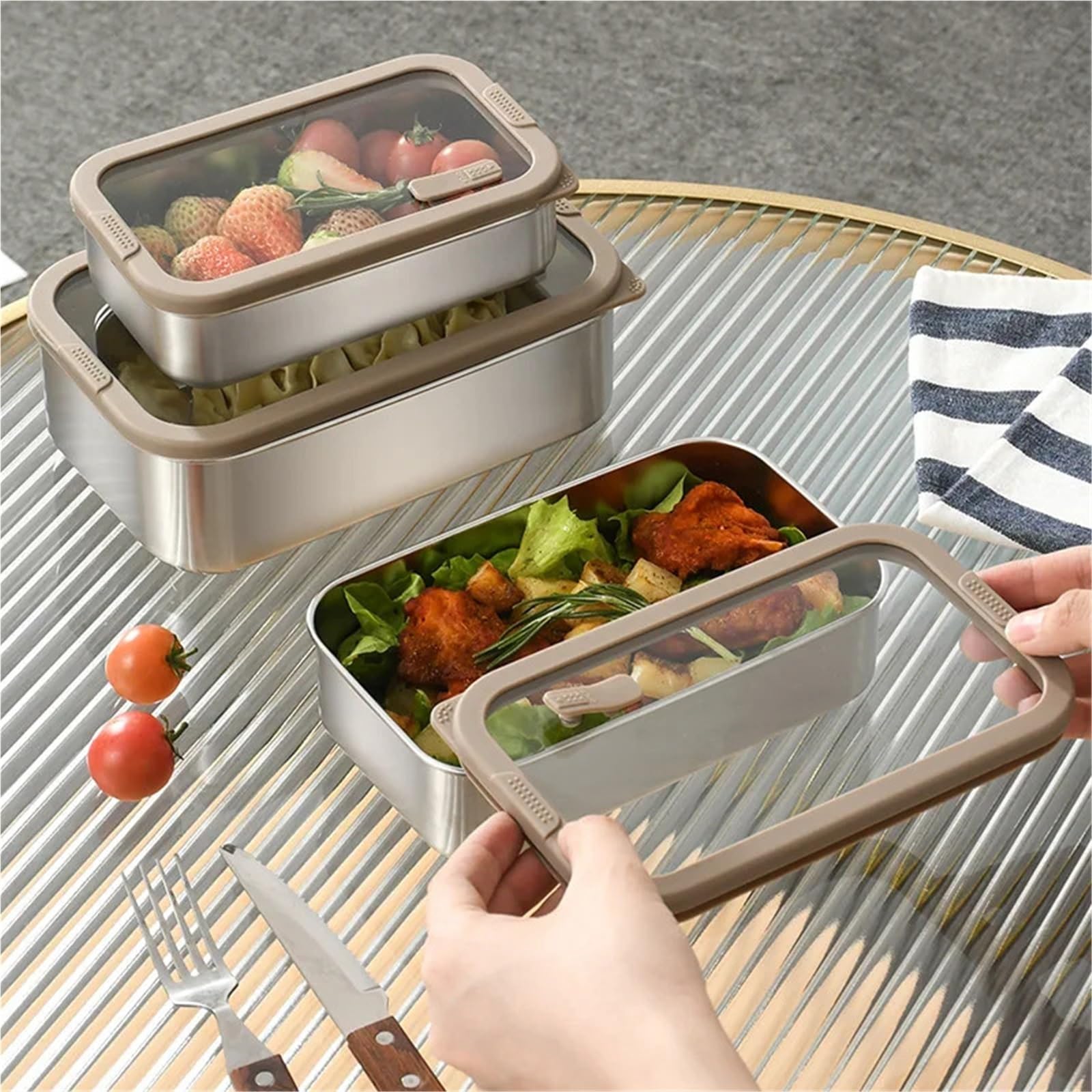 304 stalowy hermetyczny pojemnik na żywność ze szklaną pokrywką, szczelne pudełko Bento na lunch, owoce, posiłki, organizer na lodówkę, 700 ml