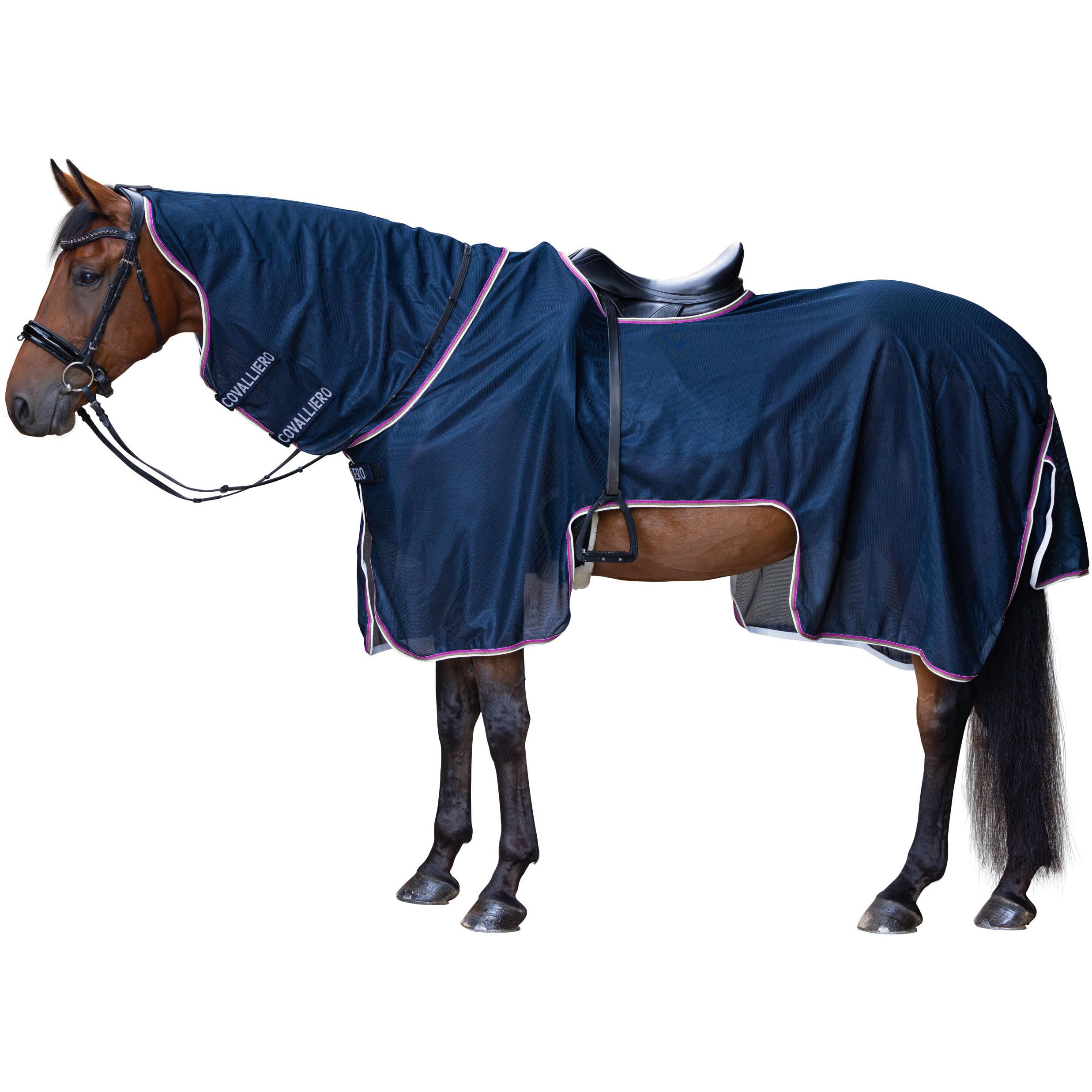 Covalliero - Ausreitdecke mit Halsteil & Klettverschluss FS26 – Pferdedecke zum vor Fliegen – Pferde Outdoordecke mit 65% UV-Schutz – Dunkelblau (Dark Navy) – Gr. 135cm