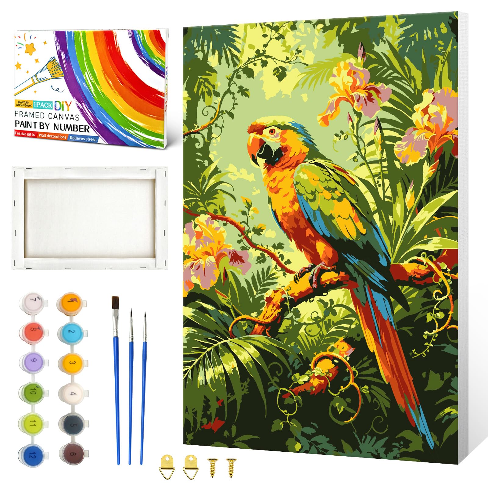ZTOTZ Paint by Numbers Bird with Framed,Jungle Macaw Paint by Number Kit for Adults, 8x12 Mini Adult Paint by Numbers on Canvas for Home Decor (Tropical Parrot)