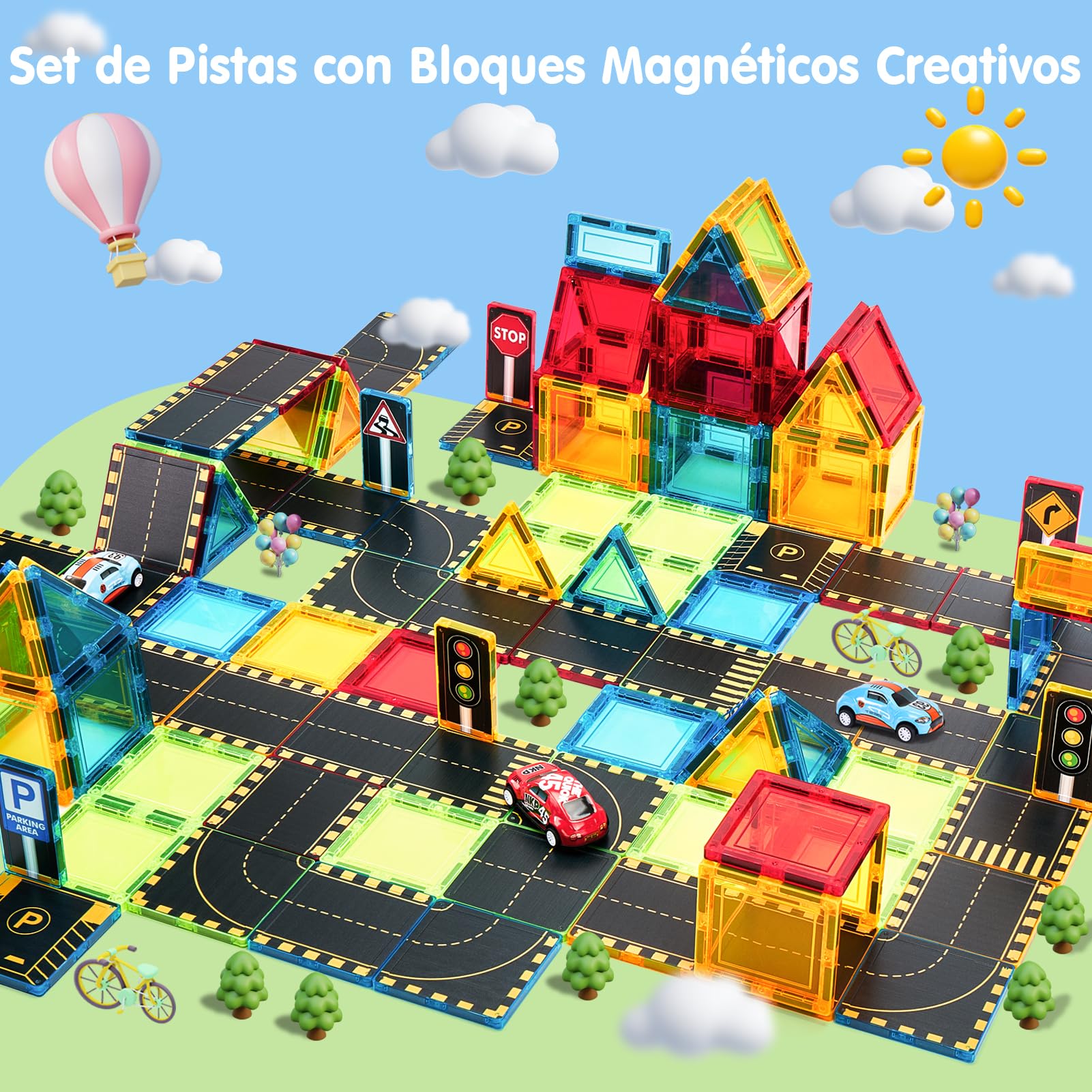 hahaland Bloques Magnéticos Construcción Niños, 38 Piezas Magnetic Tiles con Carreteras de Ciudad y 2 Coches Pull Back, Piezas Magnéticas Compatibles para Niños 3 4 5 6 Años