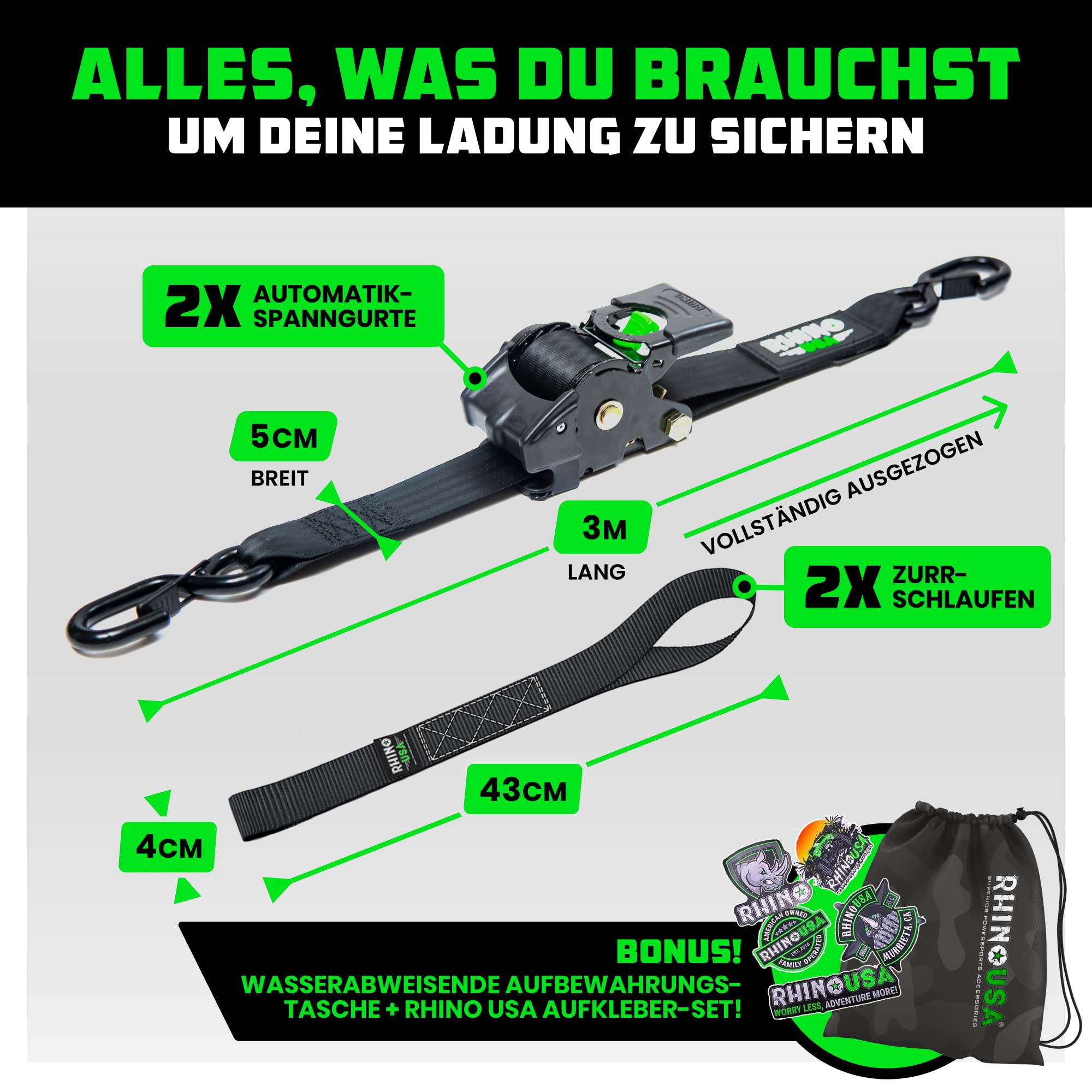 Rhino USA Selbstaufrollende Spanngurte (2er-Pack) - 5cm x 3m (1,360kg Bruchfestigkeit) - Hochleistungs-Automatik-Spanngurte für LKW, Anhänger, Motorrad, Fahrrad & Mehr - Schwarz