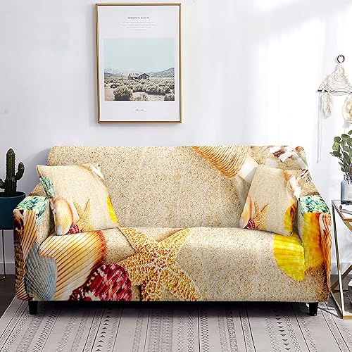 Miniatura 1 de Starfish Stretch Sofa Slipcovers, Seashells 3D Printed Couch Cover, Living Room Stretch L-Shaped Combination Sofa Cover, Furniture Protection Cover
