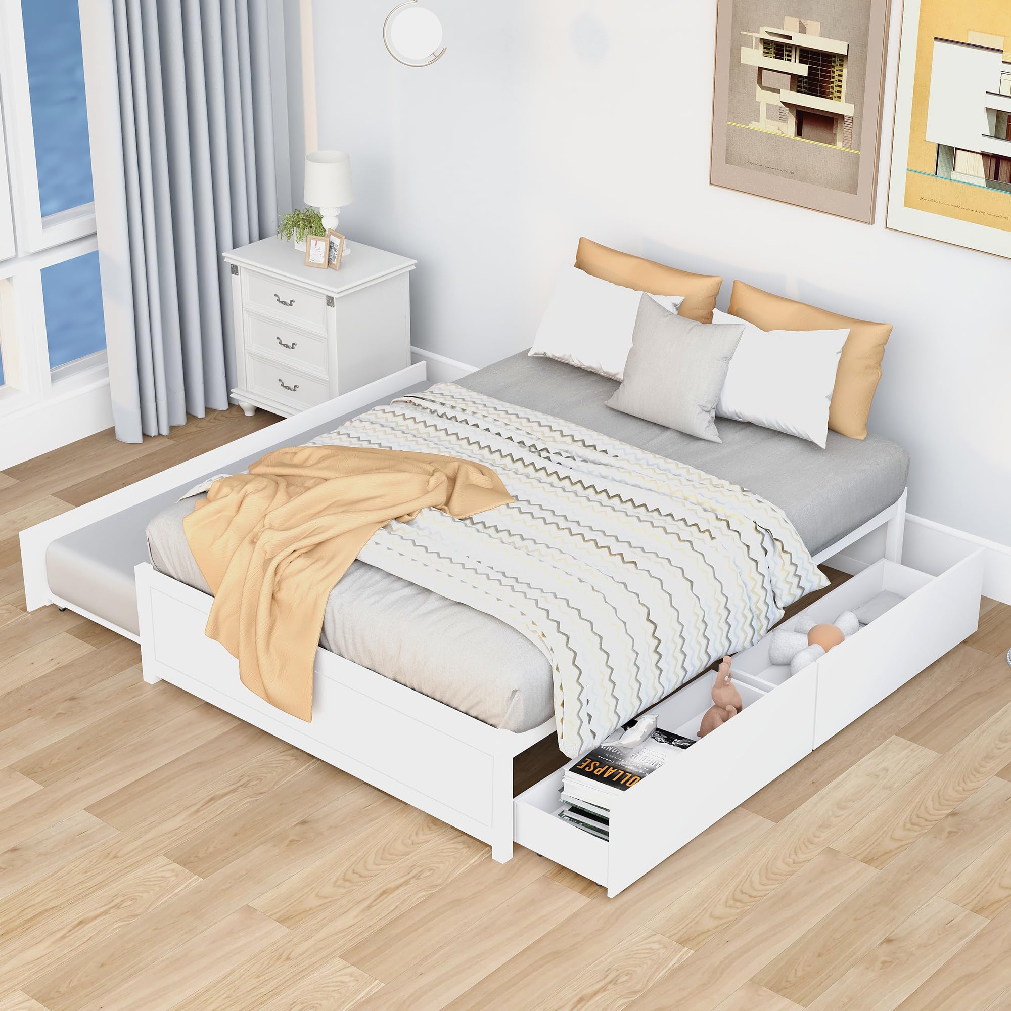 Full Size Bed Frame with Trundle and 2 Storage Drawers,Solid Wood Trundle Bed Full Size, Platform Bed Full for Kids, Teens, Adults, White