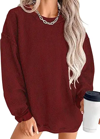 KISSMODA Women's Casual Long Sleeve Sweatshirt Color Block/Solid Crewneck Corduroy Pullover Cute Tops