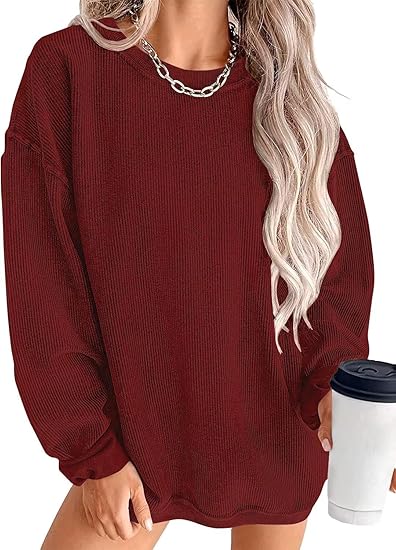 KISSMODA Women's Casual Long Sleeve Sweatshirt Color Block/Solid Crewneck Corduroy Pullover Cute Tops