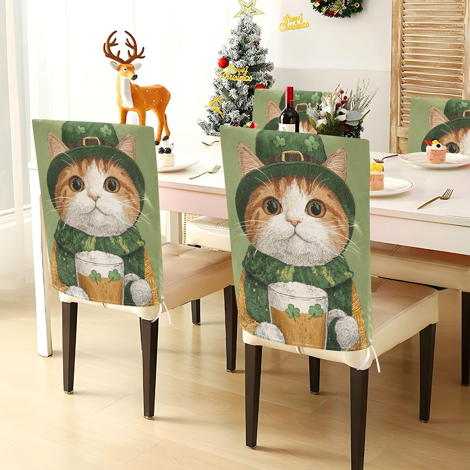 ALAZA Cute St Patrick's Day Cat Clovers Chair Back Cover Set of 6, Washable Reusable Removable Chair Slipcovers Decorative Chair Cover for Home Kitchen Wedding Party
