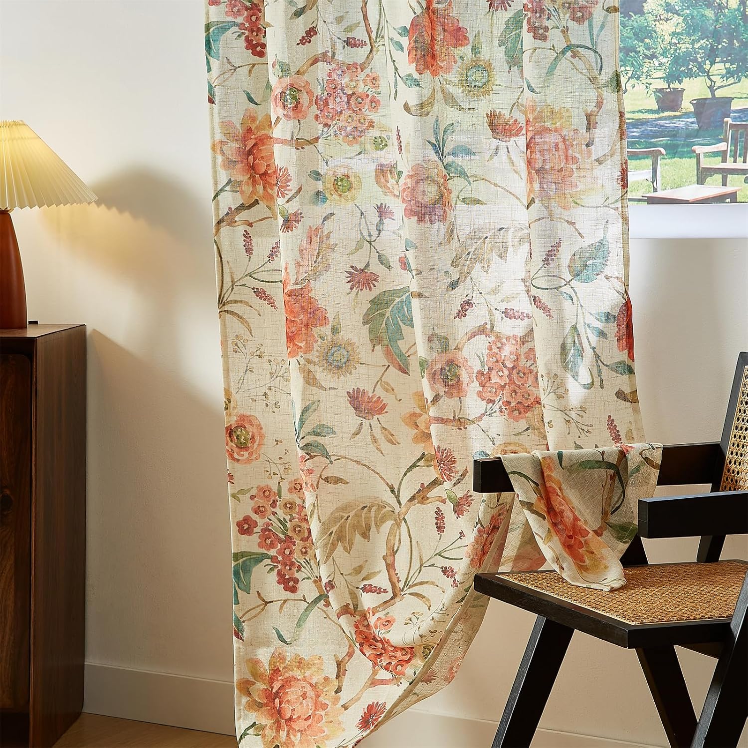 Estmy Boho Floral Bedroom Curtains 63 Inches Cute Aesthetic Bedroom Decors, Orange Pink Flowers Allover Elegant Country Vintage Window Curtain Panels for Dining Living Room Nursery Semi-Blackout