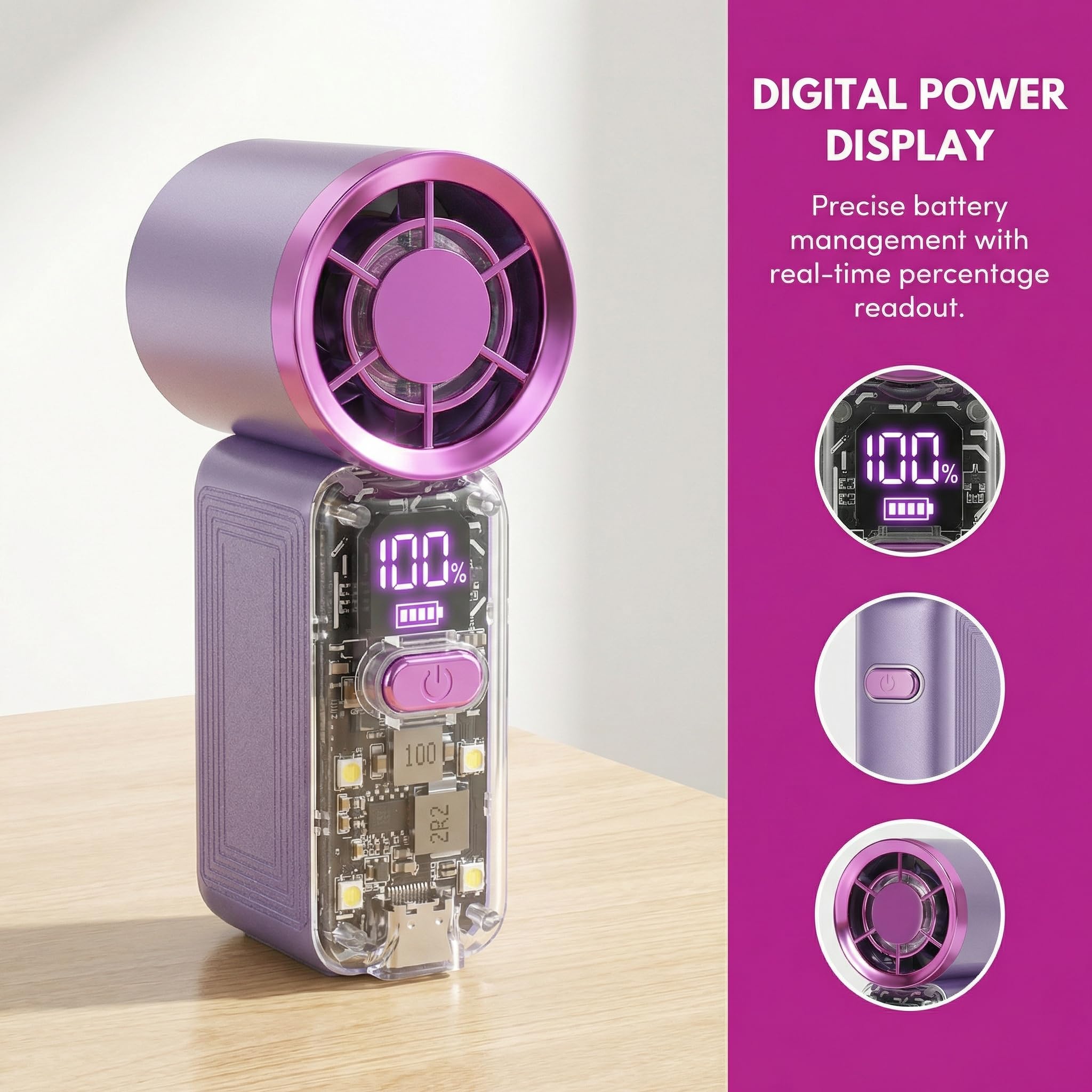Ventilador turbo portátil de mano con luces, recargable por USB, funciona con pilas, mini ventilador de bolsillo pequeño con 5 velocidades para viajes, exteriores, vacaciones, conciertos