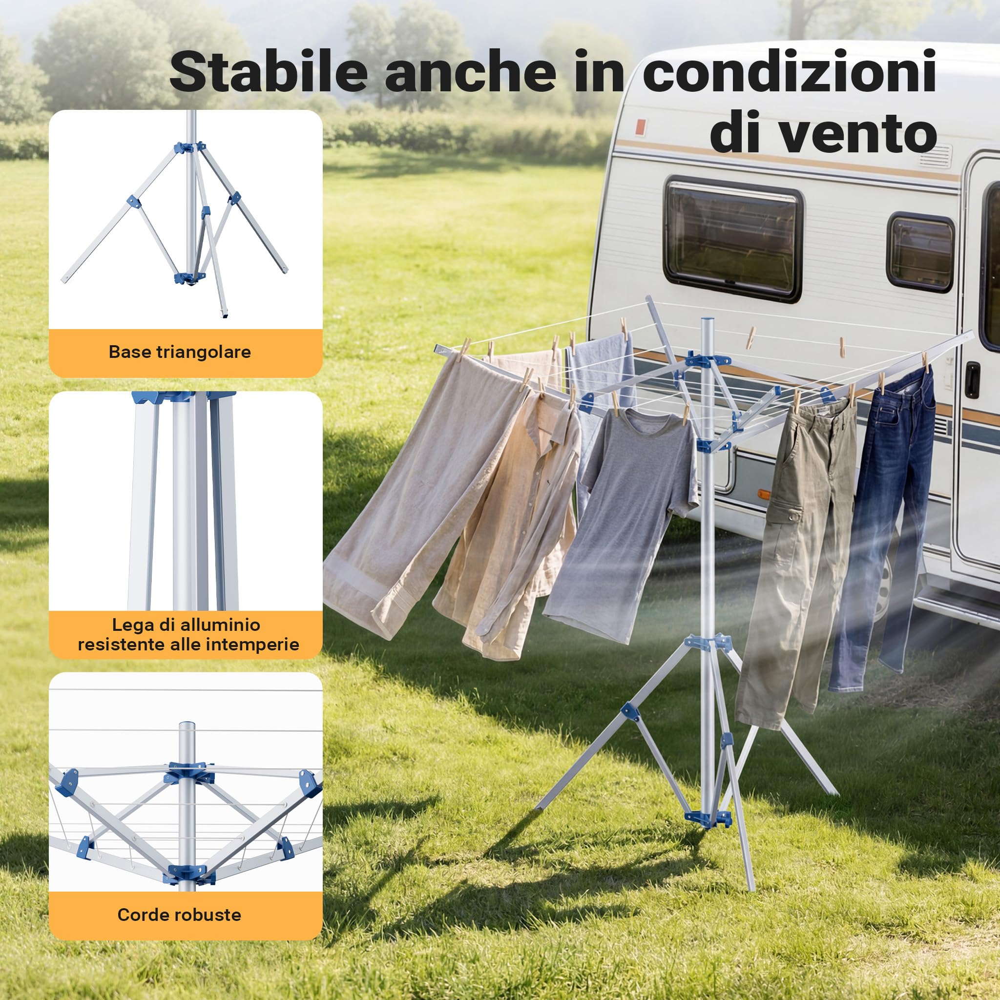 Wiltec Stendibiancheria a ombrello mobile 16 m di fili 4 Bracci Stendino in alluminio alto 155 cm