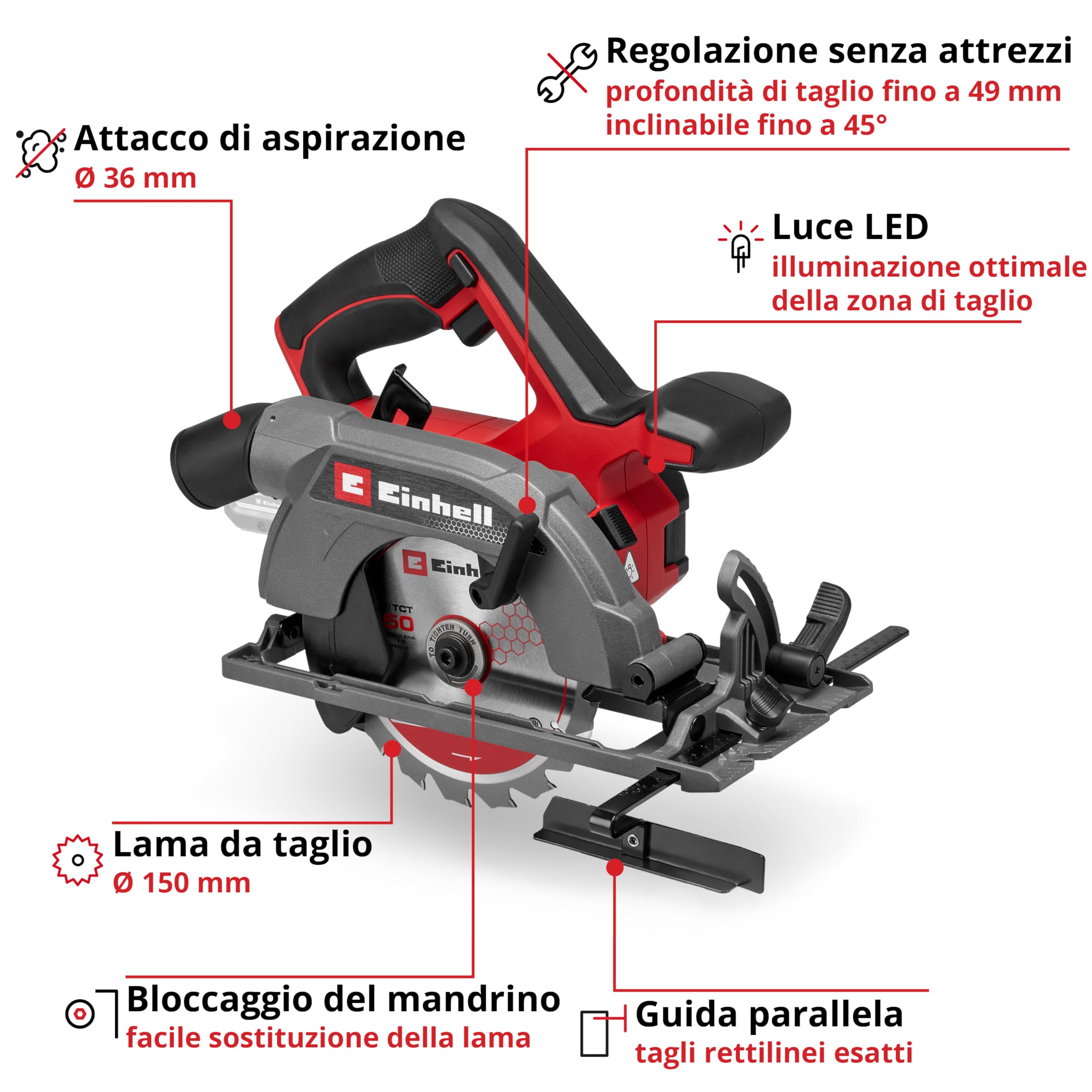 Einhell Professional Sega circolare TE-CS 18/150-2 Li - Solo Power X-Change (18 V, Ø 150 mm, lama, profondità di taglio 49 mm, installazione senza attrezzi, batteria esclusa)