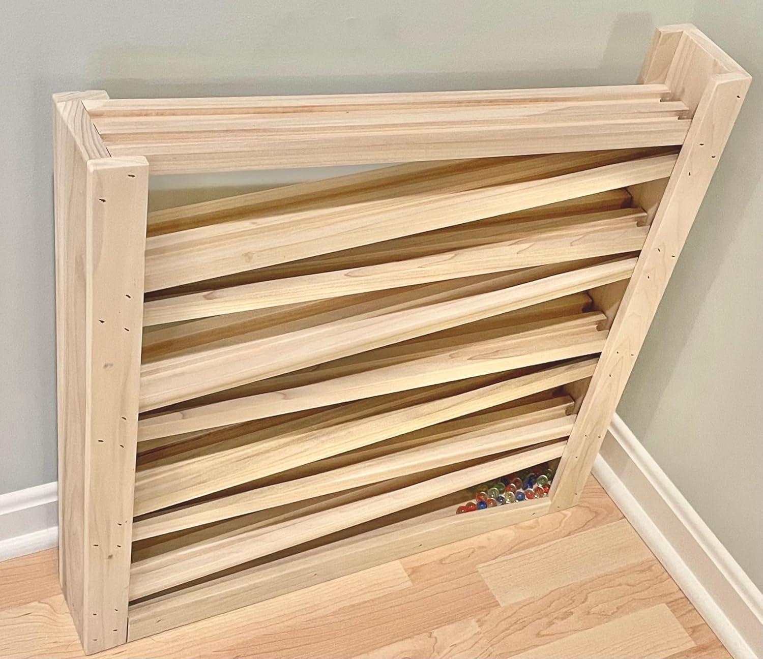 Deluxe, Authentic Wood Double Marble Run. Excessively Designed, Amish Built. About 25” x 25”, 8 Levels of Twin Tracks – Taller, Longer, More Tracks, More Fun. 30 Free Marbles.