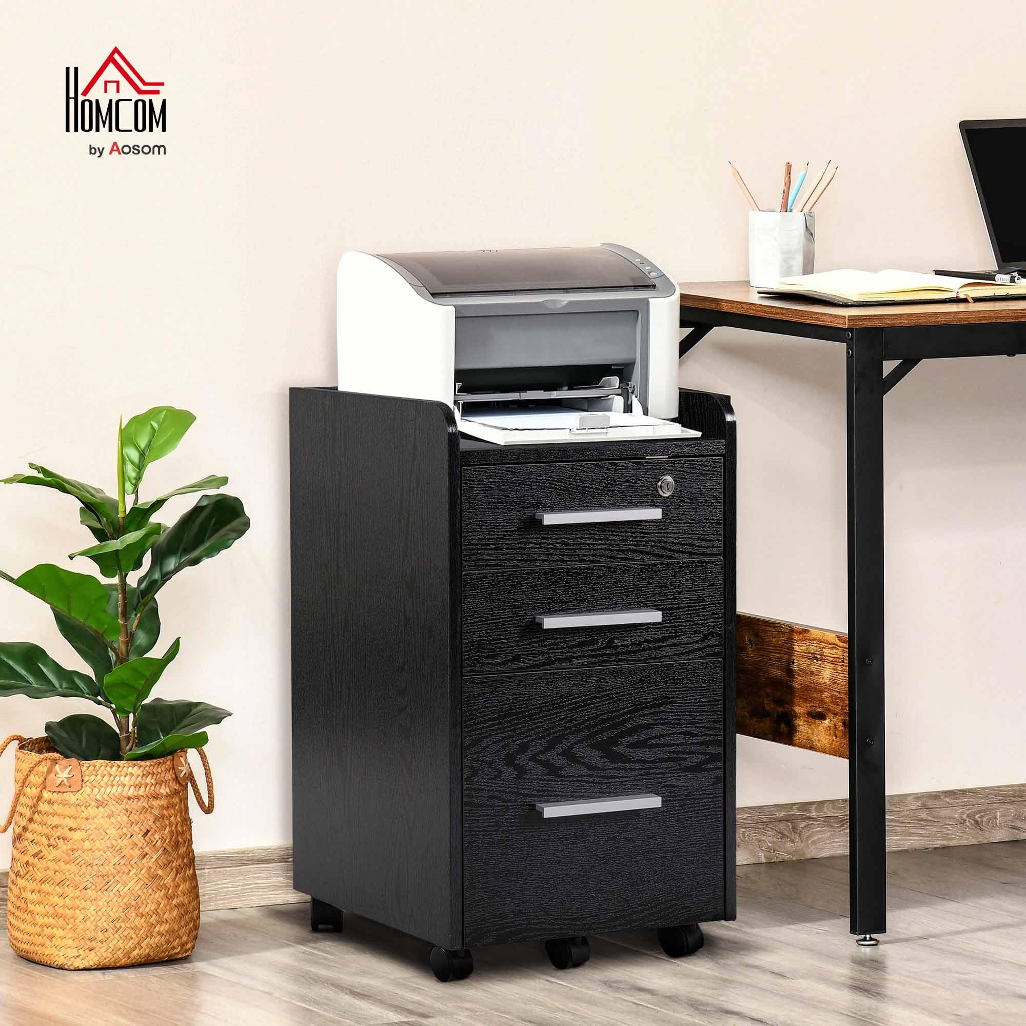 HOMCOM Schedario da Ufficio con 3 Cassetti, 5 Ruote, Cassettiera Ufficio con Serratura e 2 Chiavi per Lettera/Legale/Formato A4, Armadietto Verticale per Studio, 39.2x40x65.4 cm, Nero