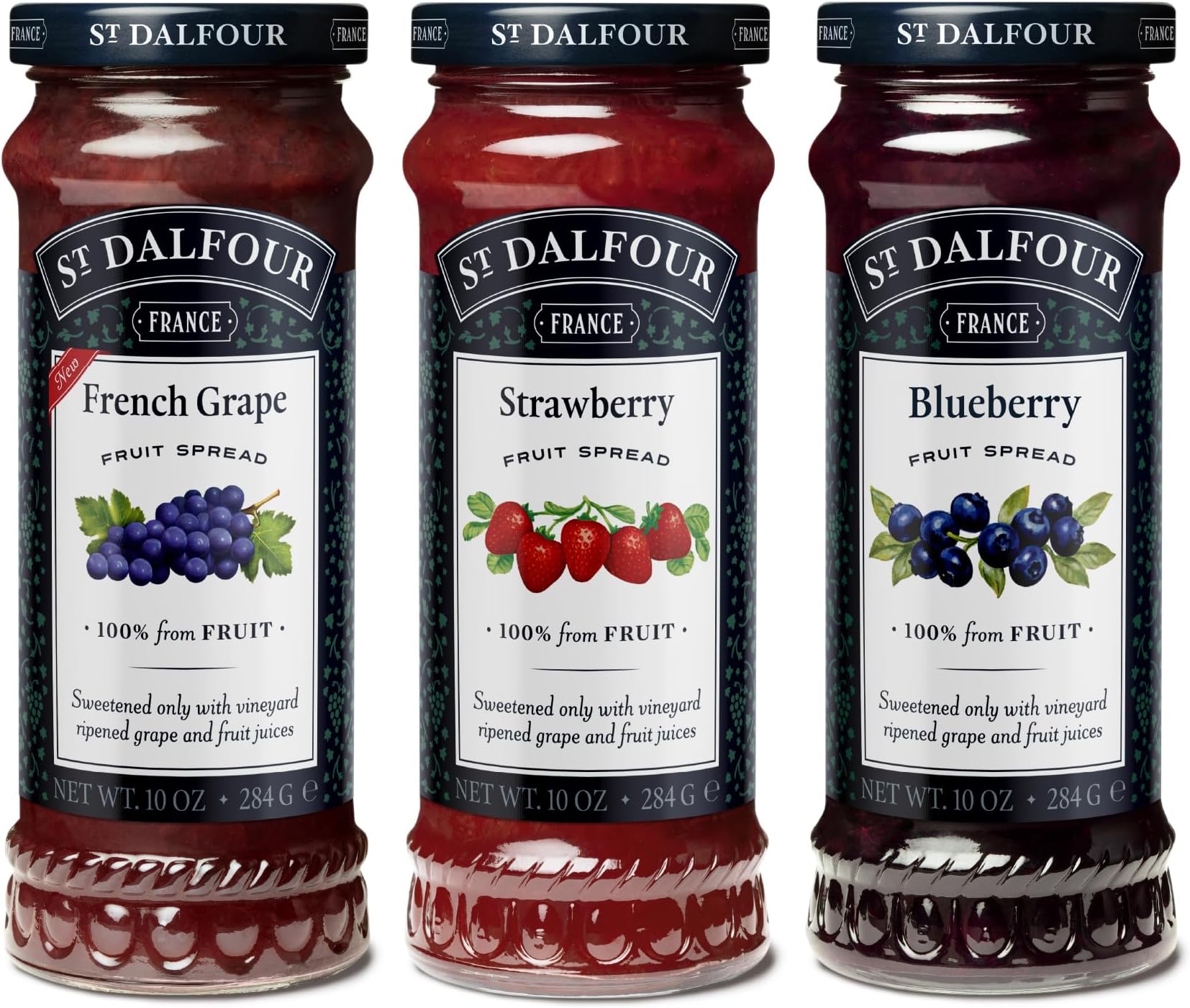 St. Dalfour French Grape, Strawberry and Blueberry Fruit Spread Bundle, 10 oz Each - 100% from Fruit, No Artificial Ingredients, Non-GMO, All Natural