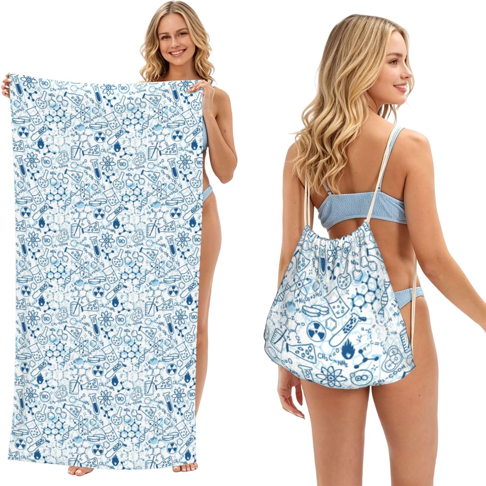 Poadnly As Picture Cartoon Blue Chemistry, 2 In 1 Packable Towel Bag, Beach Towels With Drawstring Backpack For Travel Holiday Camping