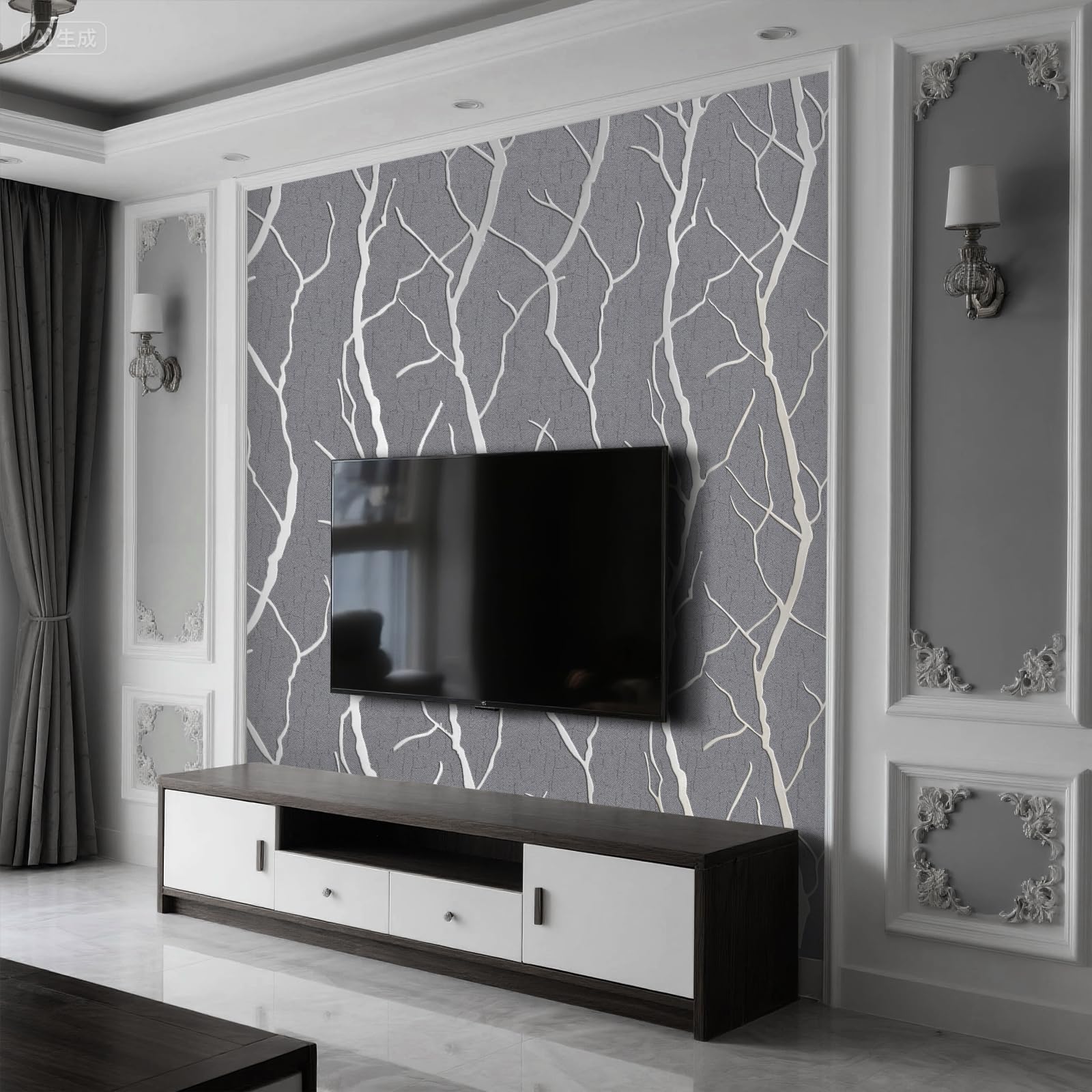 Anttyscar Grey Wallpaper 3D Embossed Silver Branch Glitter Wallpaper Modern Minimalist Non-Woven Curve Patterns for Adults Kids Bedroom Living Room Lounge TV Backdrop Hallway and Stairs