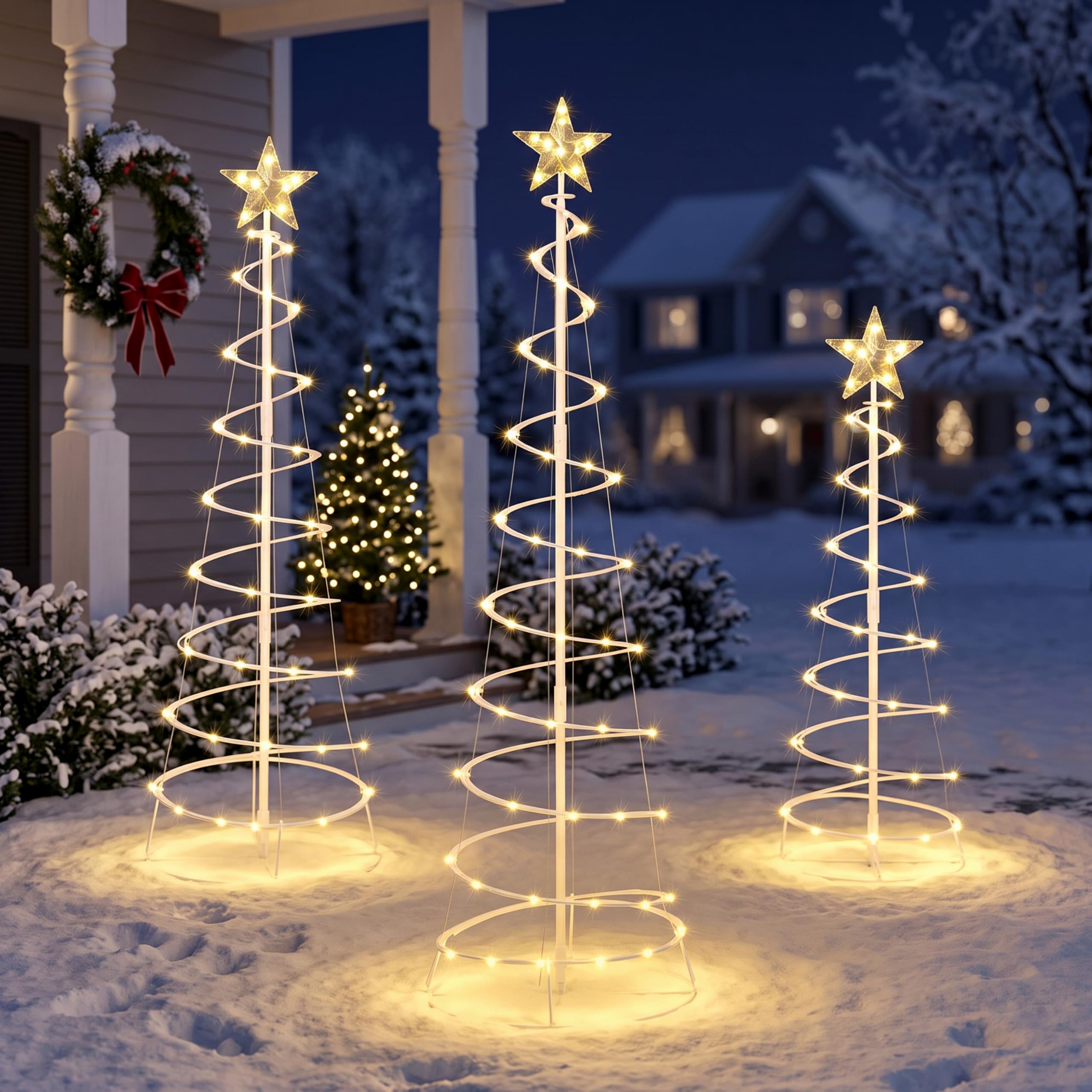 3 Packs Christmas Spiral Tree with Lights, 3/4/5 FT Lighted Xmas Collapsible Tree with Metal Stakes for Indoor & Outdoor, Yard, Porch, Garden Holiday Decor (Warm White, 3-4-5 FT)