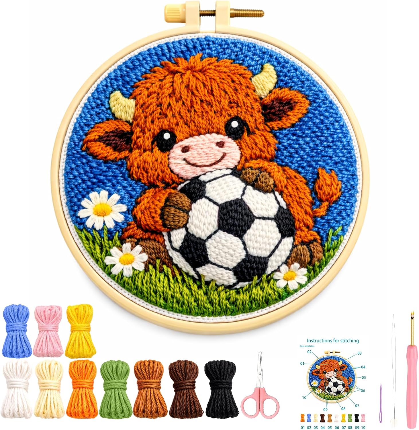 ZMYORAH Punch Needle Kit for Beginners, Highland Cow with Soccer Ball Daisy Flower Embroidery Craft Kit for Adults, Printed Fabric, Yarn, Needle & Hoop Included, DIY Handmade Wall Decor Gift 20x20cm