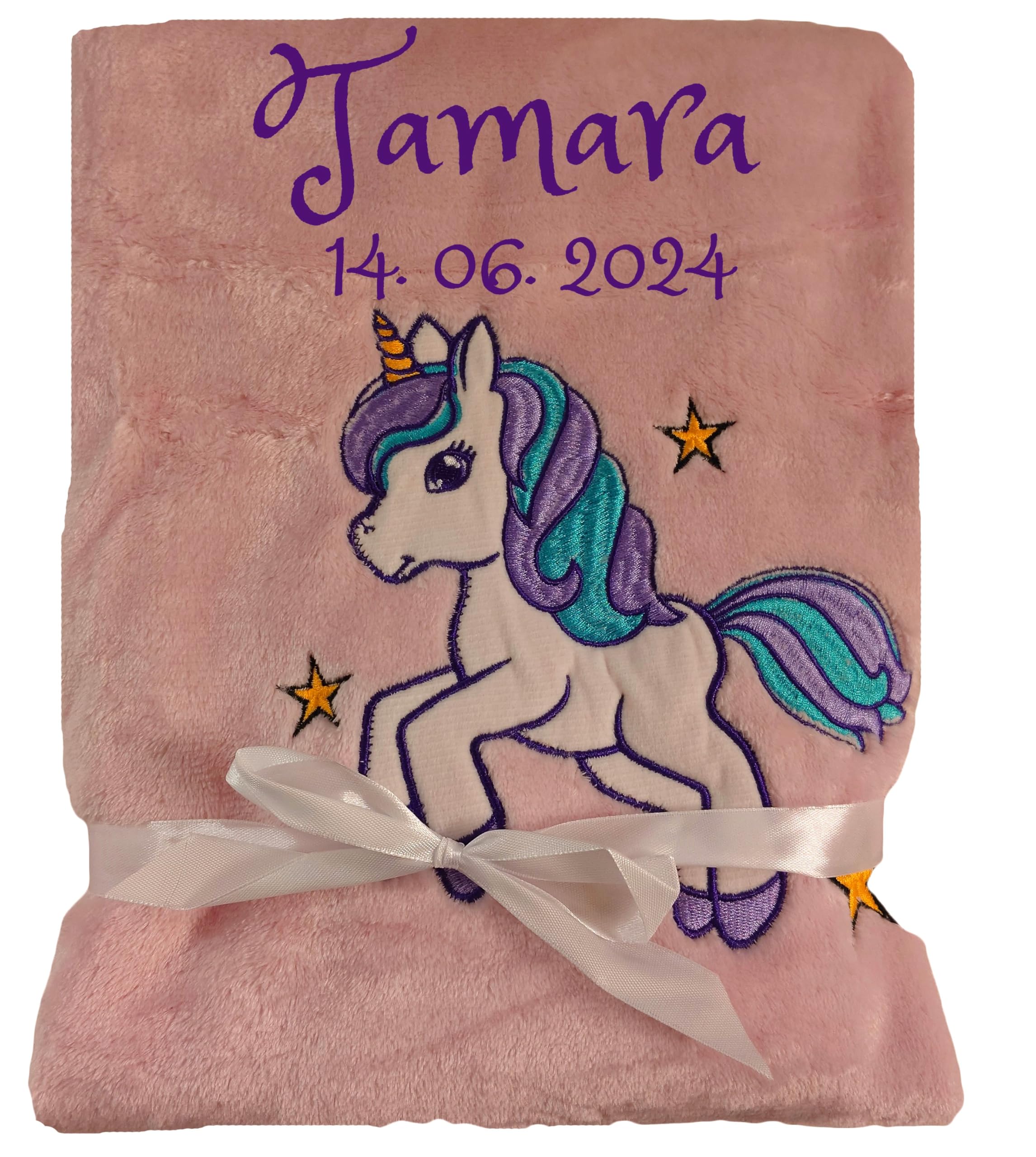 Wuff-Dogsworld Mädchen Babydecke mit Namen und Geburtsdatum Bestickt, personalisierte Kuscheldecke mit Stickerei, viele Motive & Farben, Geschenk für Taufe, Geburt & Geburtstag (zartrosa Einhorn)