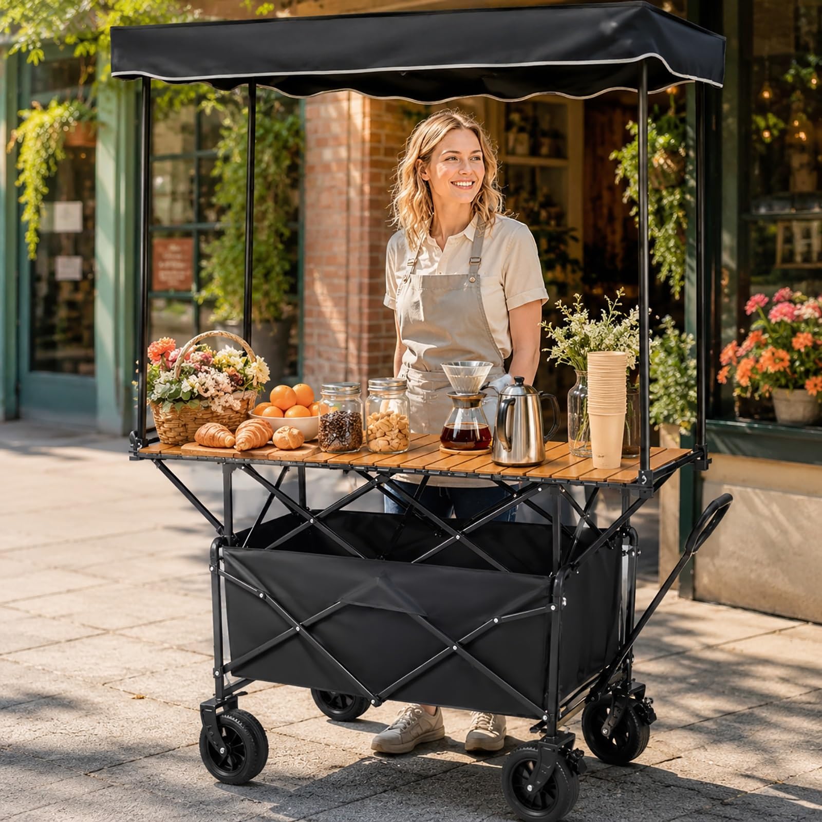 Puesto de Venta, Carrito de Venta Portátil con Toldo, Plegable, 150KG Capacidad, Stand Expositor para Mercadillos, Ferias, Eventos