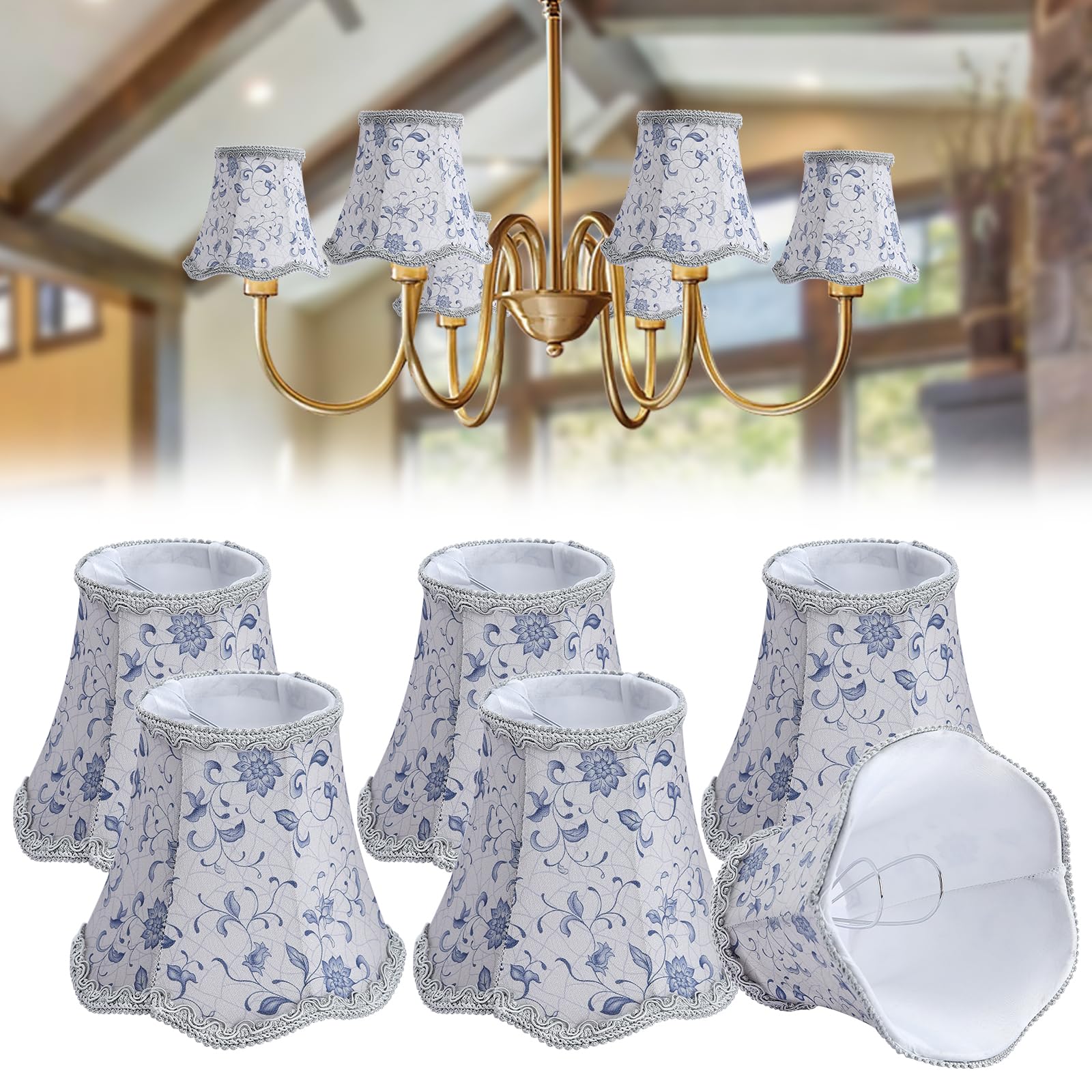 Fuloon Set of 6 Clip On LampShades, Chandelier Lamp Shades, Small Lampshades for Ceiling Lights, Fabrics Wall Lamp Shades, Upright Candle Chandelier Drop Light Lampshade