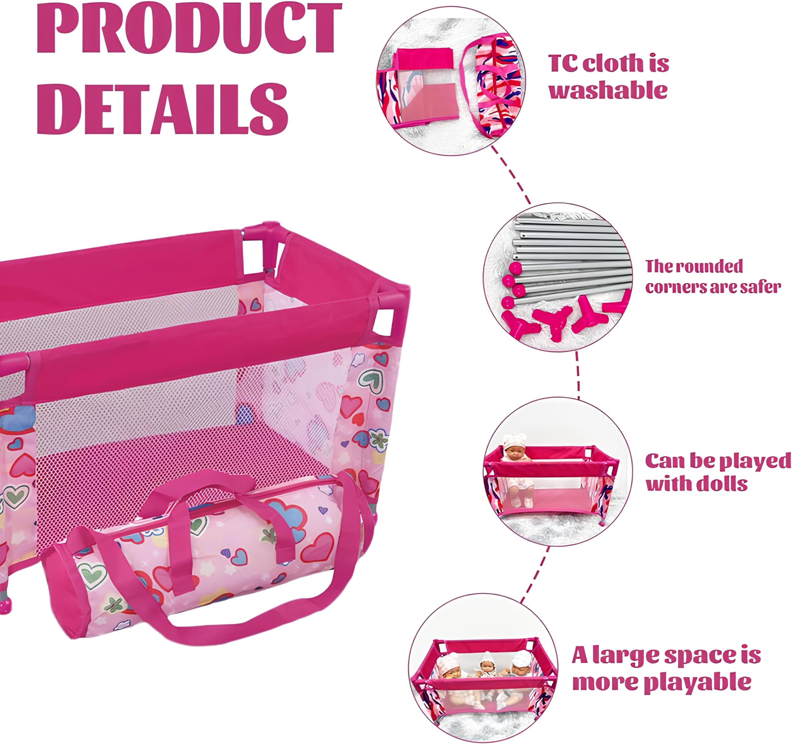 Lettino per Bambole Pieghevole Richiudibile Telaio in Metallo Sacca da Trasporto Culla Bambole Lavabile Trasportino Letto da Viaggio per Bambole con Borsa Mobili per Bambole Accessori,Fantasia Casuale