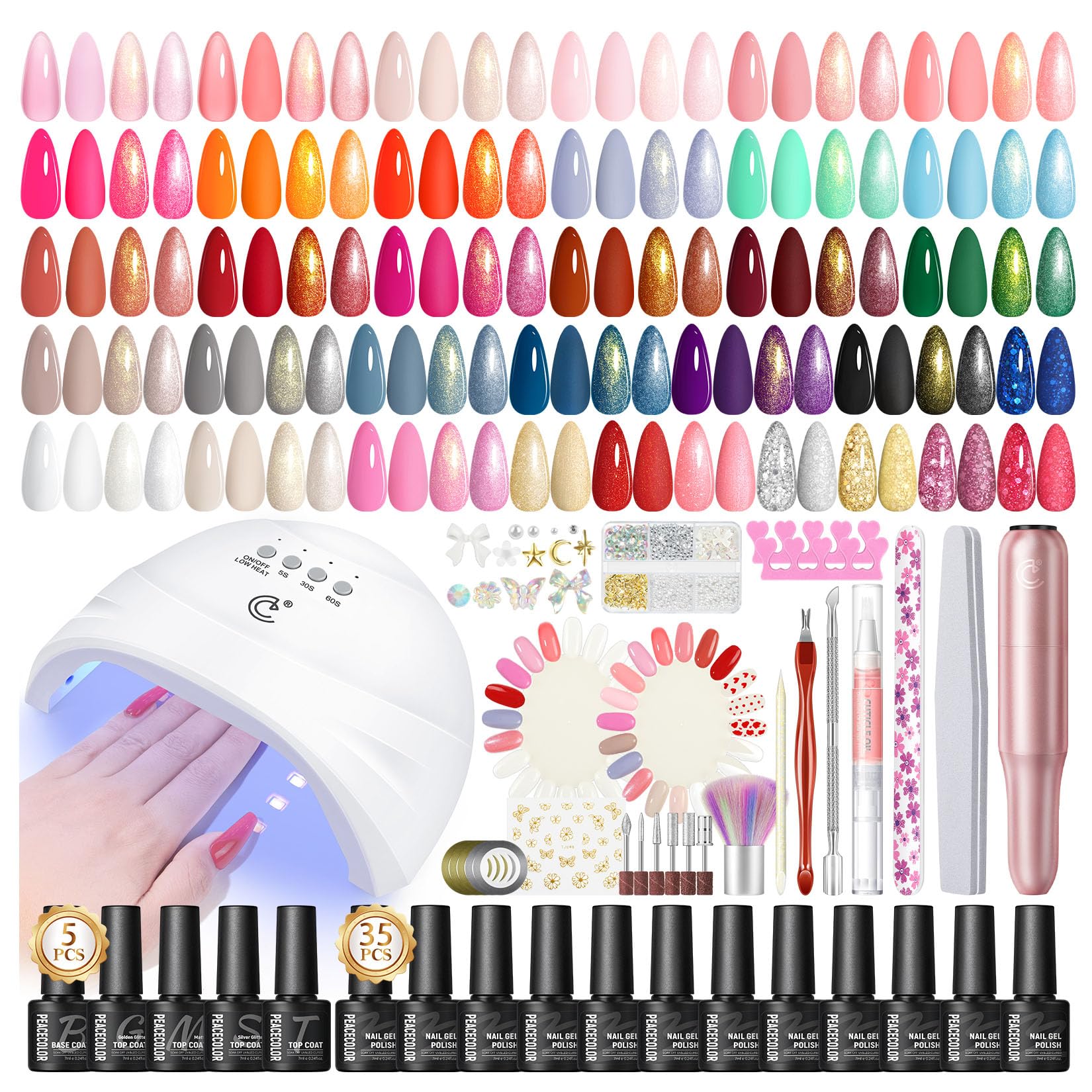PEACECOLOR 65Pcs Kit Uñas Semipermanentes 35 Colores Rojo Blanco Morado Gris y Desnudo Esmaltes Semipermanentes con Lámpara y Lijadora de Uñas, Base y Top Coat de Manicura Accesorios Nail Art Kit